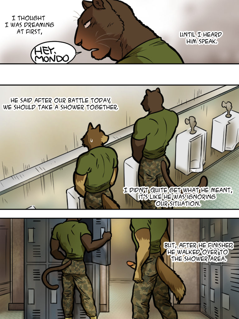 2014 2boys abs anthro army ass big_penis canine coal_(maririn) comic english_text erection feline fur furry furry_only gay locker_room male male_only mammal maririn military mondo muscles panther pecs penis penis_through_fly sweat text urinal wolf yaoi