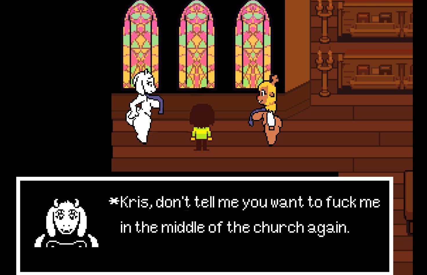 1boy, 2girls, big ass, big breasts, big butt, breasts, church, deltarune, editorl, female, huge ass, huge breasts, huge butt, human, kris (deltarune), male, monster, monster girl, noelle holiday, pixel art, tagme, toriel, undertale (series)