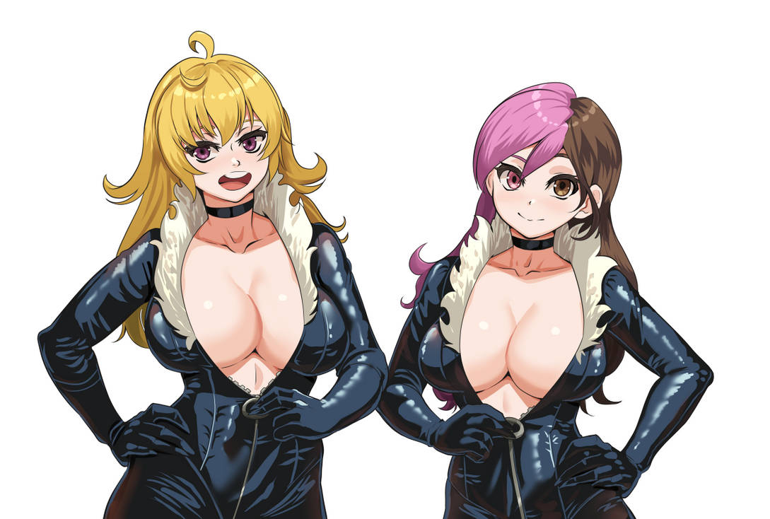 2girls, big breasts, black cat (cosplay), blonde female, blonde hair, breasts, brown eyes, brown hair, cleavage, cosplay, crossover, female, female only, heterochromia, huge breasts, large breasts, long hair, long hair female, marvel, marvel comics, multicolored hair, multiple females, multiple girls, neo (rwby), nico-mo, pink eyes, pink hair, purple eyes, rwby, spider-man (series), unzipped, unzipped bodysuit, yang xiao long