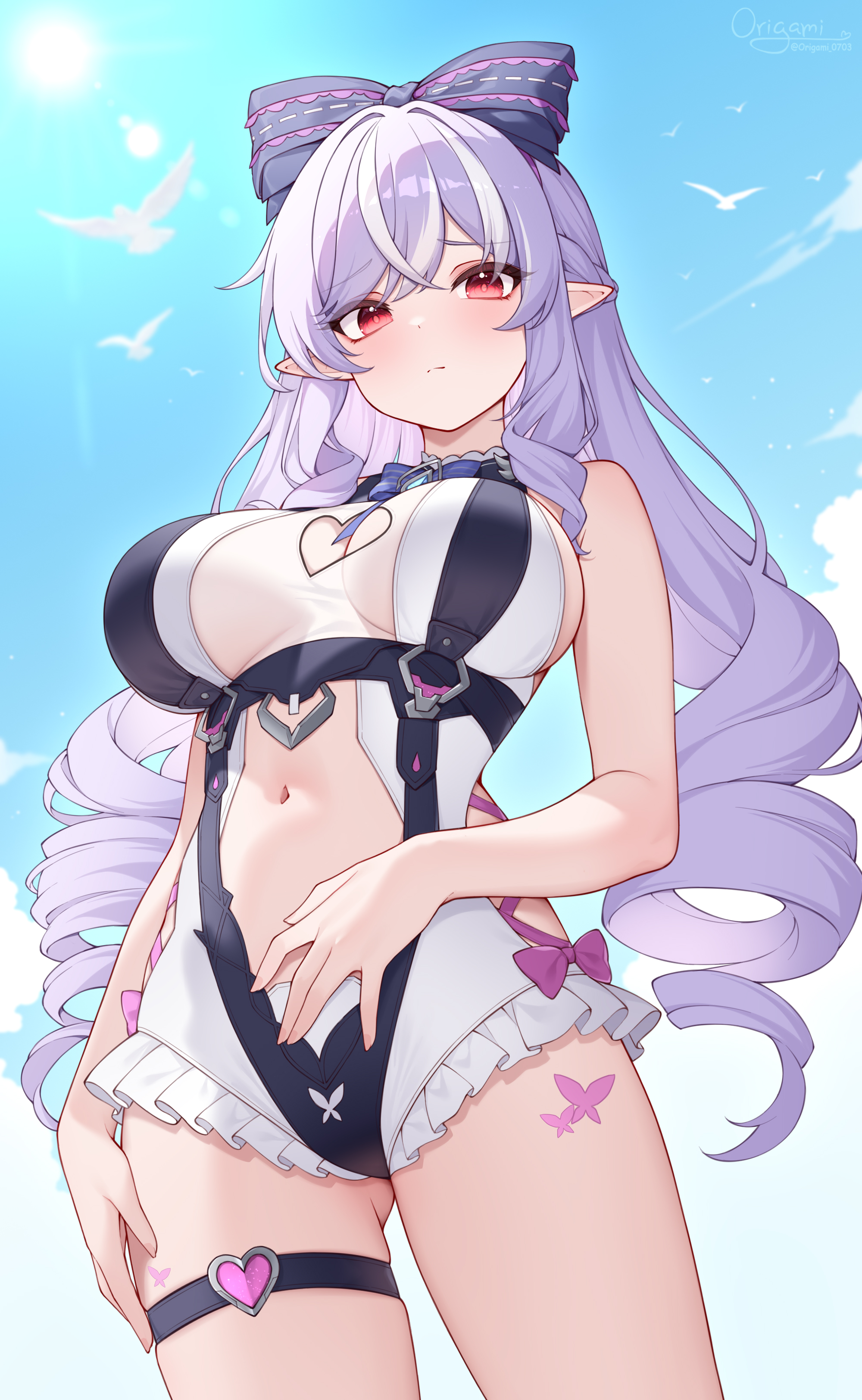 1girls, breasts, exposed breasts, female, hoyoverse, legs, long hair, mihoyo, official alternate costume, origami0703, purple hair, red eyes, swimsuit, vivian banshee, vivian banshee (iris of the shore), white swimsuit, zenless zone zero