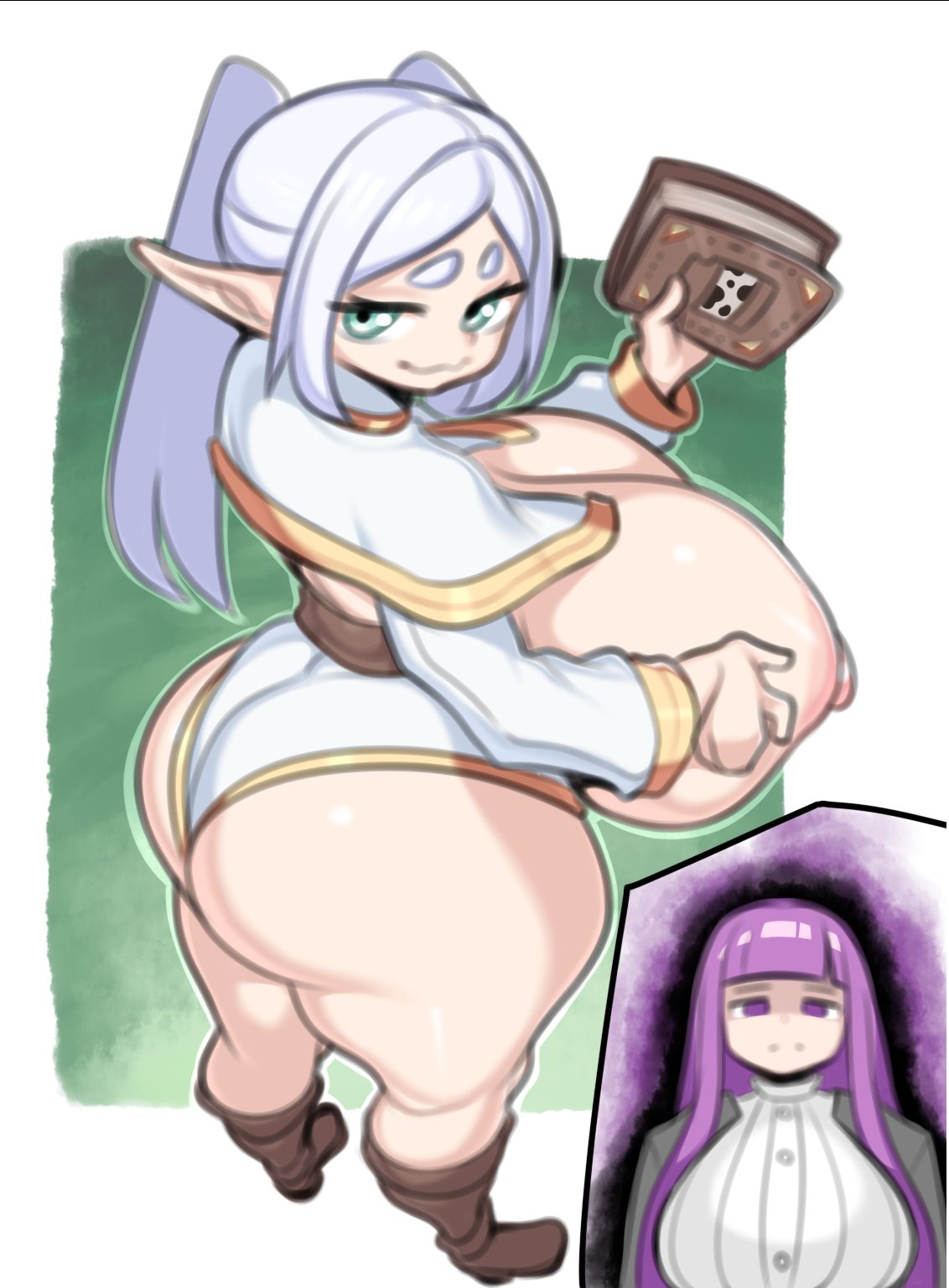 :3, 1girls, 2025, 2d, 2d (artwork), 2d artwork, 2girls, annoyed, annoyed expression, areola, areolae, ass, back view, bangs, big ass, big breasts, big butt, big thighs, blunt bangs, breast expansion, breast growth, breasts, breasts bigger than head, breasts bigger than torso, breasts out, bubble butt, clothed, clothed female, clothing, curvaceous, curvaceous female, curvaceous figure, curves, curvy, curvy body, curvy female, curvy figure, curvy hips, curvy thighs, disappointed, disappointed look, duo, elf, elf ears, elf female, elf girl, expansion, exposed breasts, expressionless, female, female focus, female only, fern (sousou no frieren), frieren, frieren beyond journey's end, gigantic breasts, green eyes, grin, growth, half naked, half nude, half-dressed, high-angle view, huge ass, huge breasts, huge butt, huge thighs, human, humanoid, large ass, large breasts, large butt, large thighs, light skin, light-skinned female, long hair, looking back, naked, naked female, nipples, nude, nude female, nudity, onaeane, parted bangs, partially clothed, pointy ears, purple eyes, purple hair, rear view, revealing clothes, round ass, round butt, shiny, shiny skin, side view, skimpy, skimpy clothes, smile, smooth skin, sousou no frieren, spell, spellbook, straight hair, thick, thick ass, thick hips, thick legs, thick thighs, thighs, tied hair, topless, topless female, twintails, voluptuous, voluptuous female, white border, white hair, wide hips