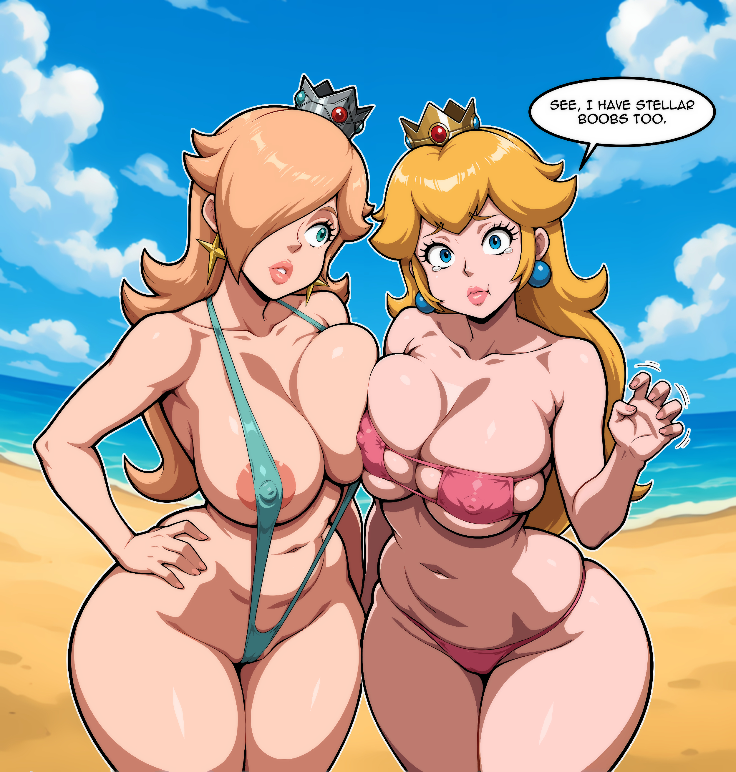 2girls, areola slip, areolae, beach, big breasts, blonde hair, blue eyes, blue sling bikini, breast envy, breast focus, breasts, cleavage, crown, ear piercing, earrings, english, english text, eyepatch bikini, female, female only, hair, hair over one eye, hand on hip, headwear, hips, huge breasts, lips, long hair, mario (series), motion lines, nintendo, nipple bulge, parted lips, pink bikini, pout, pouting, princess peach, princess rosalina, revealing clothes, sibling (lore), siblings, sister (lore), sisters, skimpy, skimpy bikini, sling bikini, speech bubble, star earrings, sunny di, swimwear, text, thick lips, thick thighs, thighs, wide hips