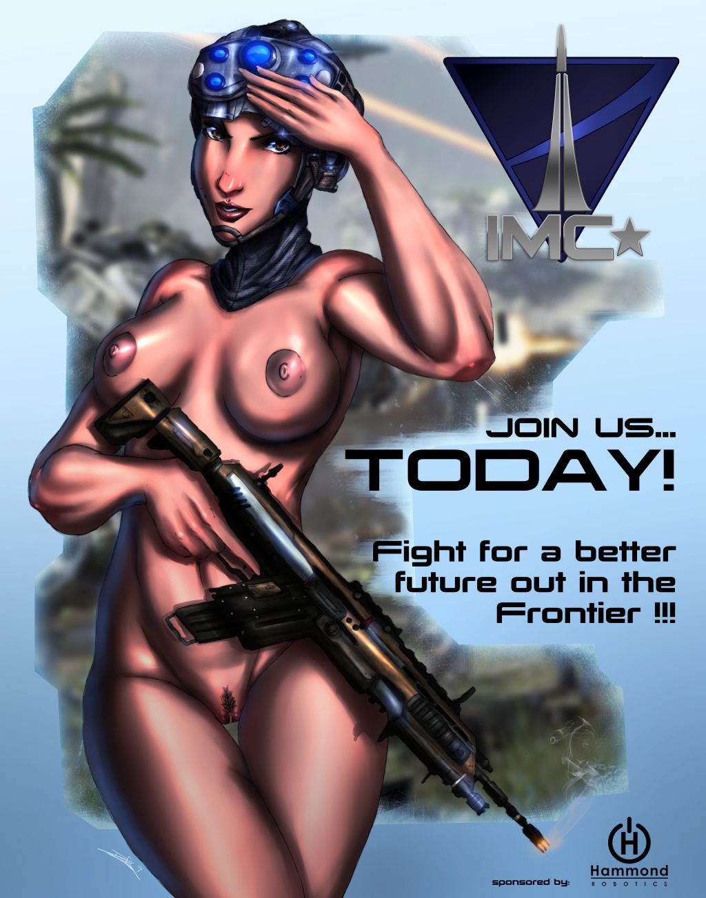 2d areola areolae blurry_background breasts brown_eyes cowboy_shot english_text female female_imc_close_quarters female_pubic_hair female_soldier gun headwear headwear_only helmet holding_weapon imc light-skinned_female light_skin looking_at_viewer nipples nude nude_female outdoors poster propaganda pubic_hair ranged_weapon salute saluting soldier solo solo_female text titanfall trimmed_pubic_hair ultamisia weapon white_sclera