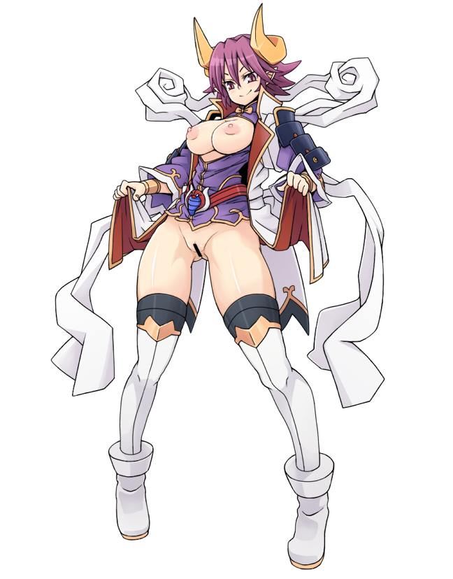 bar_censor boots breasts breasts_out censored clothing female horns large_breasts looking_at_viewer nash_(na-si) nipples no_panties pointy_ears purple_eyes purple_hair pussy shinrabanshou shion_(shinrabanshou) short_hair simple_background smile solo stockings thigh_boots thighhighs white_background