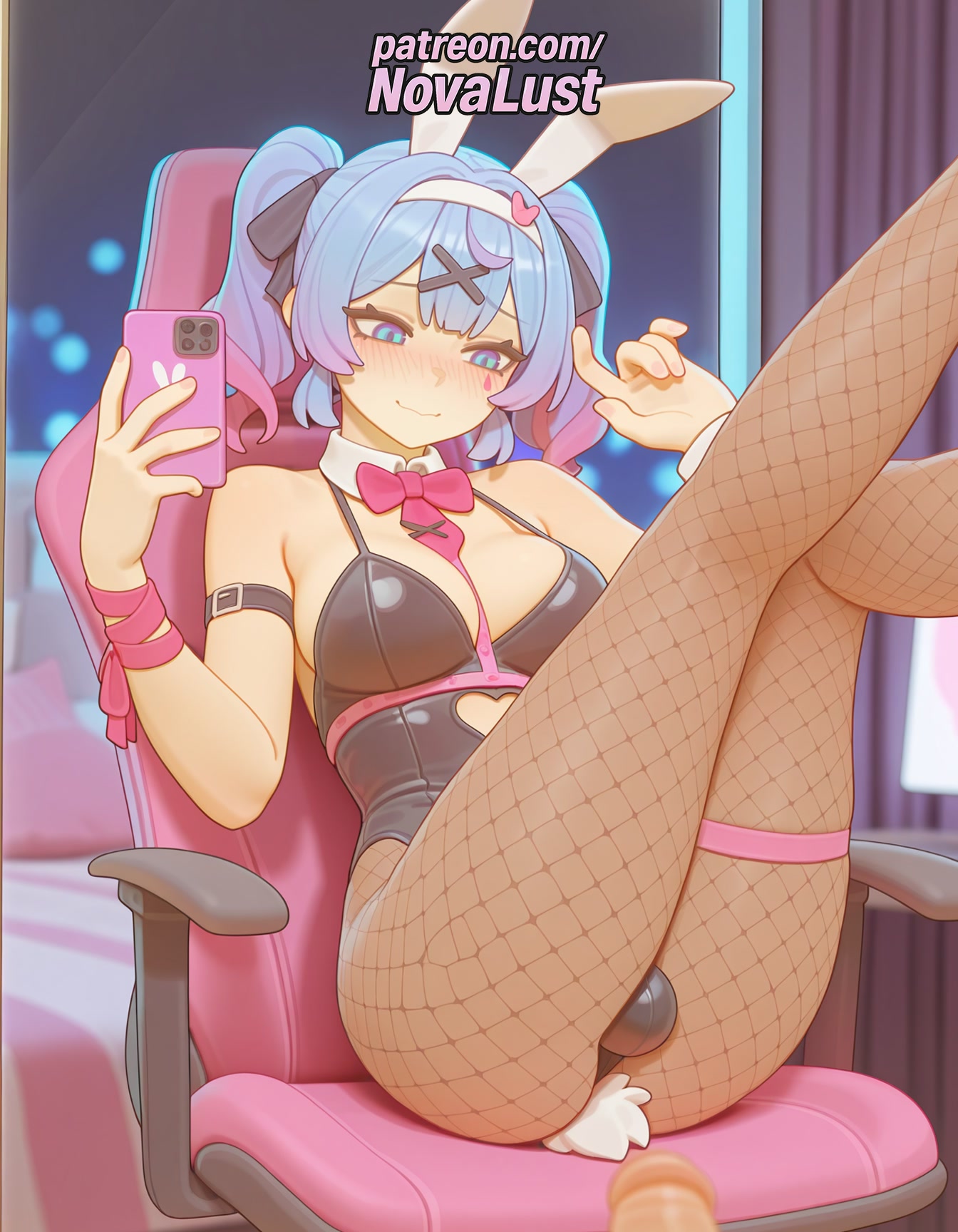 1boy, 1futa, 1girl, 2025, ai generated, anal, anal object insertion, animal ears, arm strap, artist name, balls, bangs, bare shoulders, between breasts, black leotard, blue eyes, blue hair, blurry, blurry background, blush, bow, bowtie, breasts, bulge, butt plug, cellphone, chair, closed mouth, curtains, detached collar, earrings, english text, fake animal ears, fake tail, fishnet bodysuit, fishnet legwear, fishnet pantyhose, fishnets, futanari, gradient hair, hair ornament, hair ribbon, hairband, hatsune miku, heart, heart-shaped pupils, hi res, high quality, high resolution, highres, holding, holding phone, indoors, intersex, legs up, leotard, looking at phone, male, male focus, medium breasts, mirror, multicolored hair, nose blush, novalust, otoko no ko, pantyhose, patreon, patreon username, phone, pink bow, pink bowtie, pink hair, pink ribbon, playboy bunny, rabbit ears, rabbit hole (vocaloid), rabbit tail, recording, ribbon, selfie, sex toy, sitting, smartphone, smile, solo, stable diffusion, strapless, symbol-shaped pupils, tail, taking picture, testicles, thigh strap, twintails, virtual youtuber, vocaloid, watermark, white hairband, wrist cuffs, x hair ornament