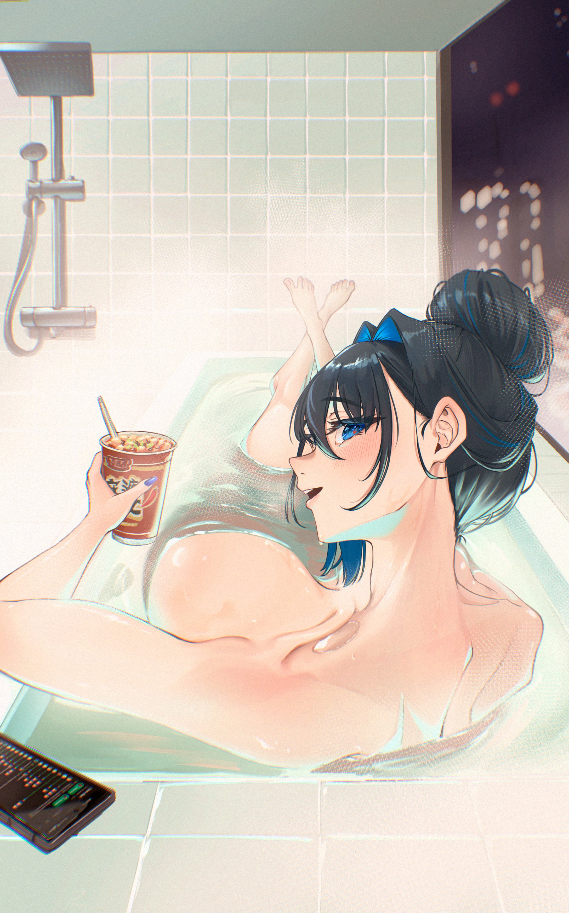 1girls, back view, barefoot, bath, bathing, bathroom, bathtub, blue eyes, blue hair, breasts, cup ramen, feet, female, female only, food, hololive, hololive english, hololive english -council-, hololive english -promise-, huge breasts, in bathtub, inside, light skin, light-skinned female, looking at viewer, looking back, naked, night, ouro kronii, pangu (elpanguin0), phone, room, smartphone, solo, virtual youtuber