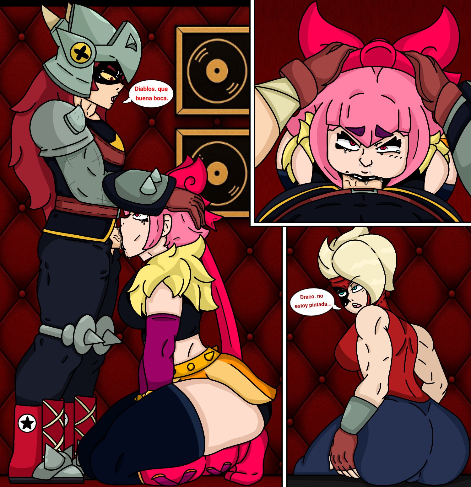 1boy, 2girls, blonde female, blonde hair, blowjob, brawl stars, clothed, dialogue, draco (brawl stars), erection, female, lumi (brawl stars), male, male/female, melodie (brawl stars), penis, pink hair, red hair, speaking, sucking, sucking penis, supercell