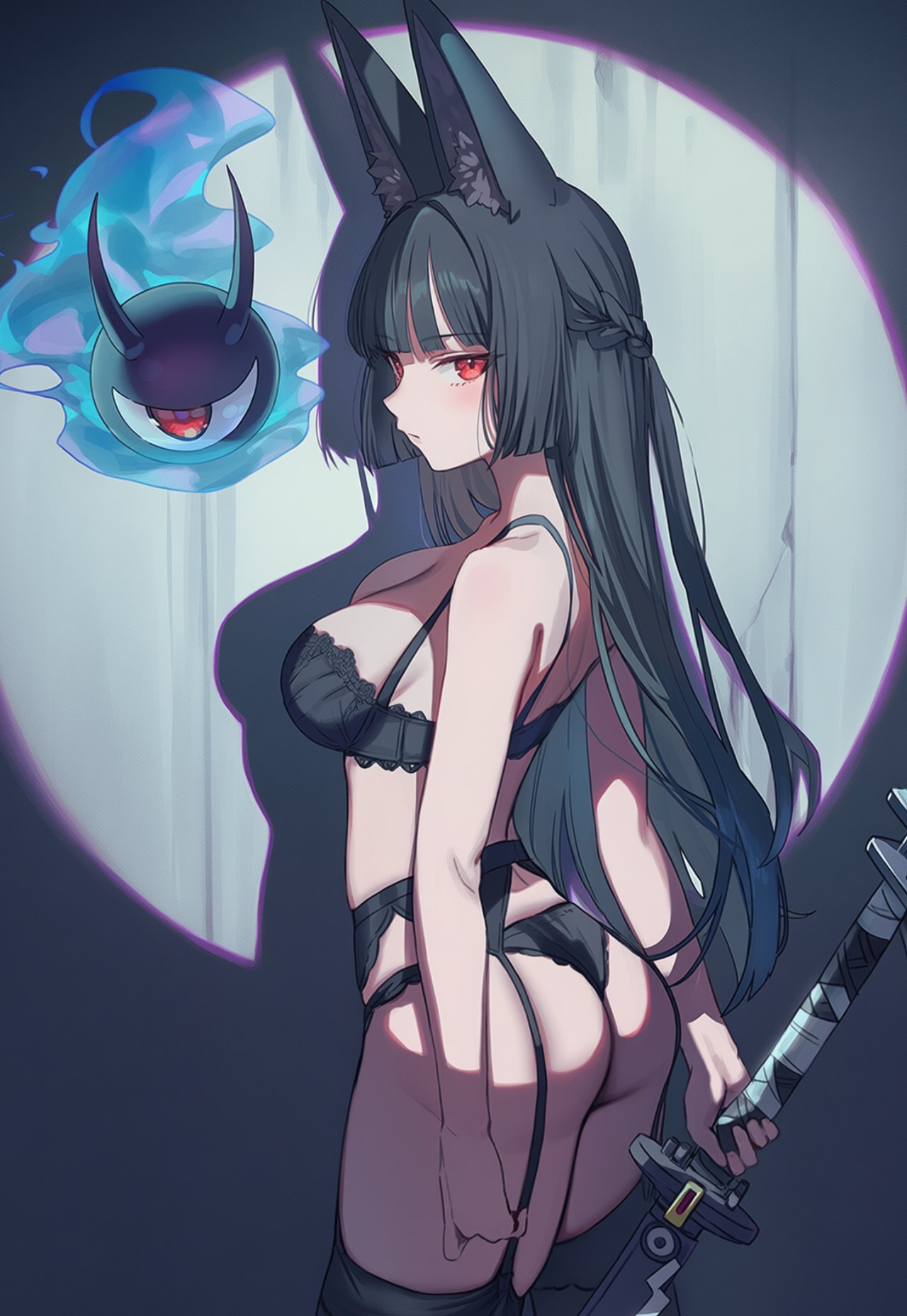 1girls, animal ears, black hair, black lingerie, breasts, eif1348939, female, hoshimi miyabi, hoyoverse, lingerie, long hair, mihoyo, red eyes, sideboob, sword, zenless zone zero