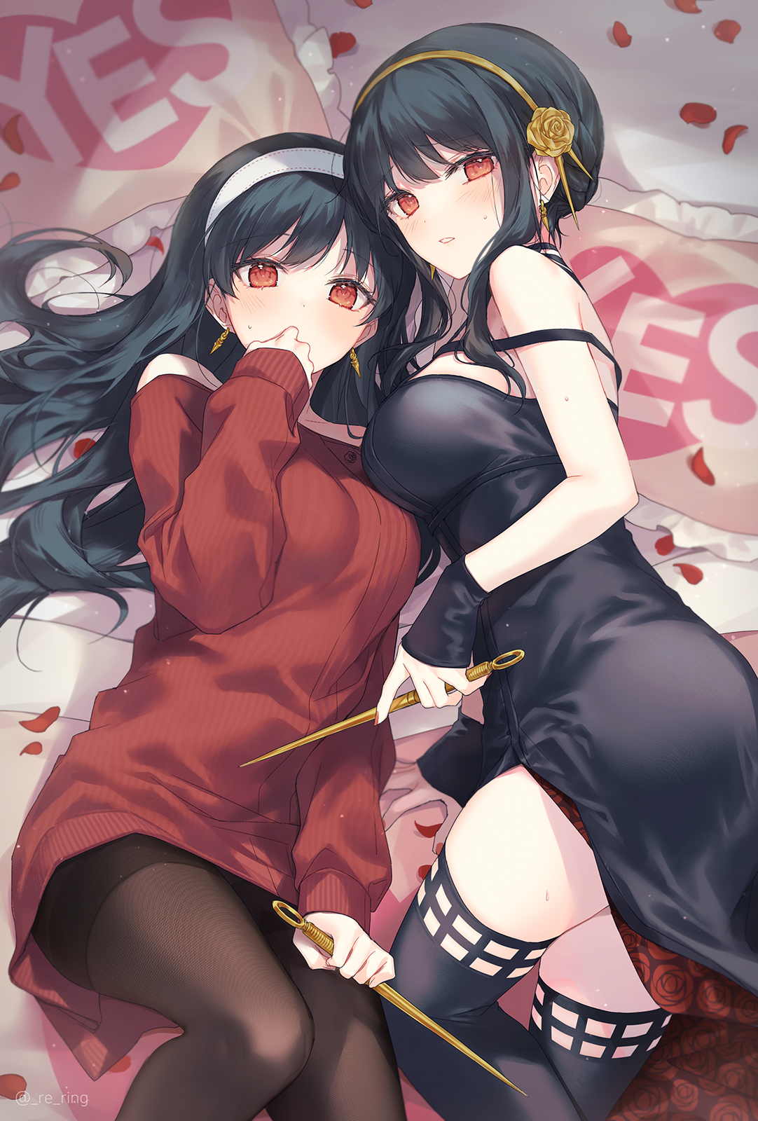 2girls, bed sheet, black dress, black hair, black thighhighs, blush, breasts, brown pantyhose, commentary request, dagger, dress, dual persona, earrings, female, female only, floral print, flower, gold earrings, gold hairband, hair down, hair ornament, hairband, hand up, highres, holding, holding dagger, holding knife, holding weapon, jewelry, knife, large breasts, long hair, looking at viewer, lying, multiple females, multiple girls, on back, on side, pantyhose, parted lips, petals, pillow, red eyes, red sweater, rose, rose petals, rose print, sidelocks, silltare, spikes, spy x family, stiletto (weapon), sweat, sweater, sweater dress, thighhighs, thorn princess, two-sided dress, two-sided fabric, weapon, white hairband, yes-no pillow, yor briar, yor forger