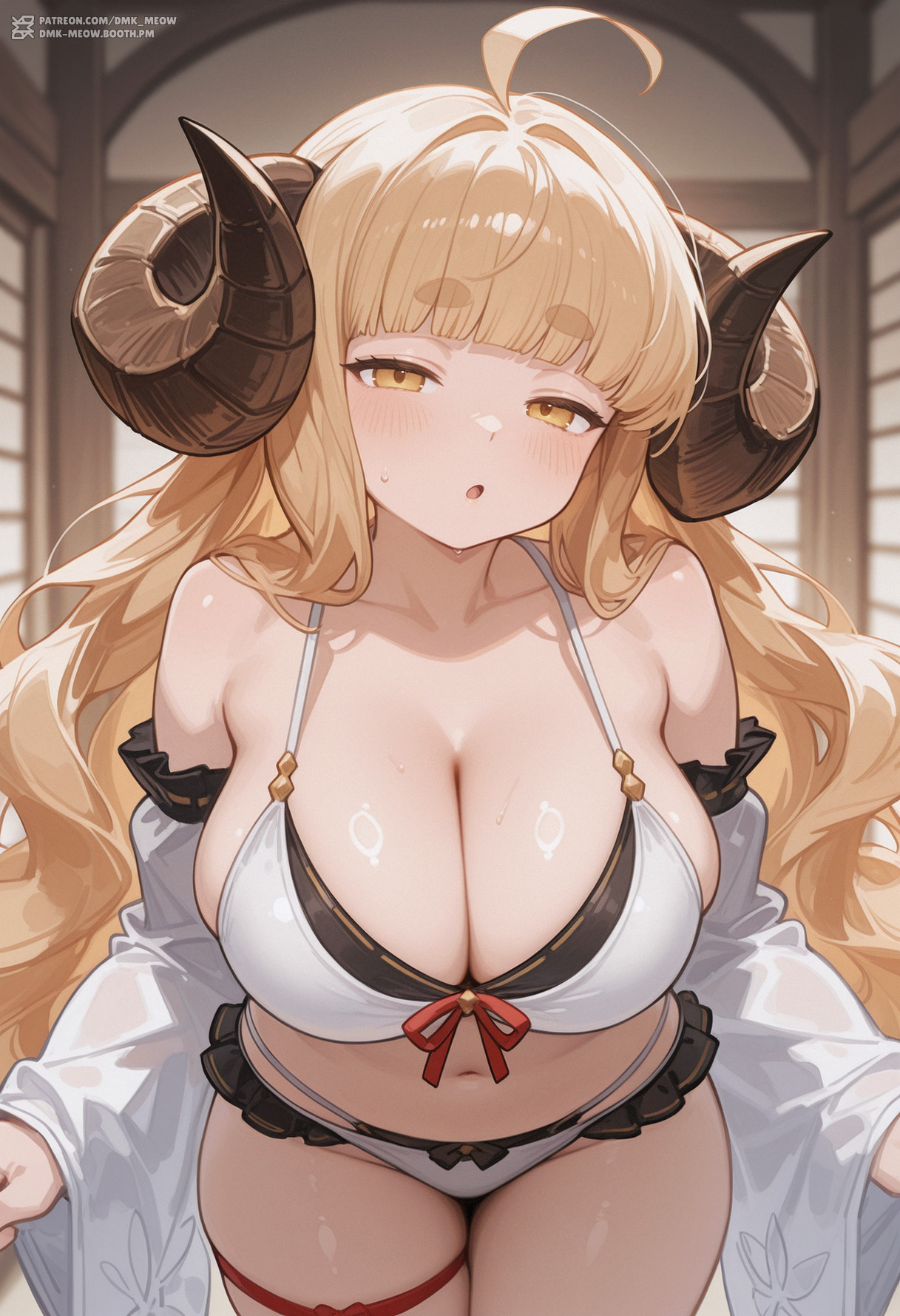 :o, ahoge, ai generated, anila (granblue fantasy), bangs, bare shoulders, bikini, blonde hair, blunt bangs, blush, breasts, cleavage, clothing, collarbone, curled horns, detached sleeves, dmk meow, draph, draph race (granblue fantasy), female, frills, granblue fantasy, horns, indoors, large breasts, layered bikini, leaning forward, long hair, long sleeves, looking at viewer, navel, official alternate costume, open mouth, parted lips, sheep horns, short eyebrows, sideboob, skindentation, solo, stomach, sweat, swimsuit, thick eyebrows, thigh strap, thighs, very long hair, wavy hair, white bikini, white swimsuit, wide sleeves, yellow eyes
