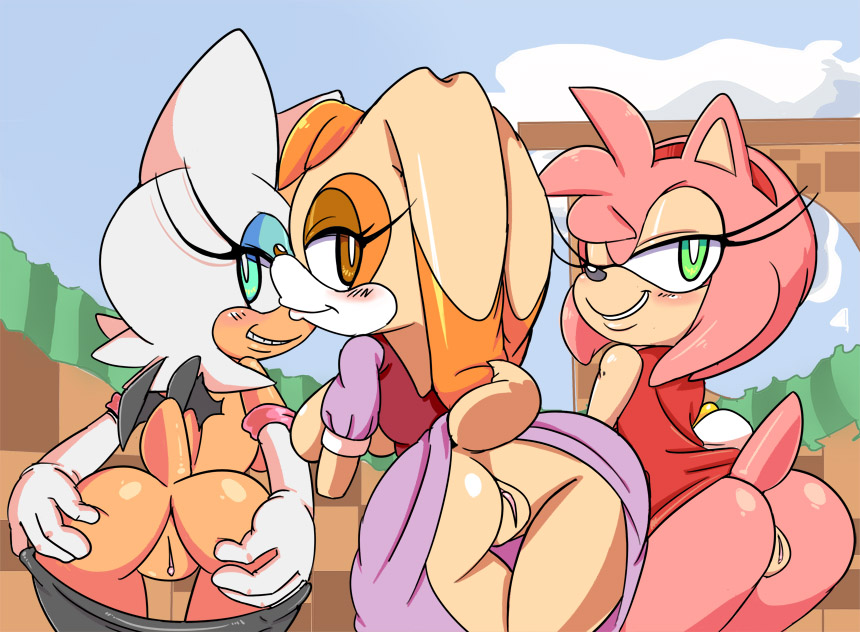 2014 amy_rose anthro anus ass bat big_breasts blush breasts clothed clothing cloudz female fur furry furry_only hedgehog lagomorph looking_at_viewer looking_back mammal milf mother parent presenting presenting_anus presenting_hindquarters presenting_pussy pussy rabbit rouge_the_bat sega smile sonic_(series) tail vanilla_the_rabbit wings