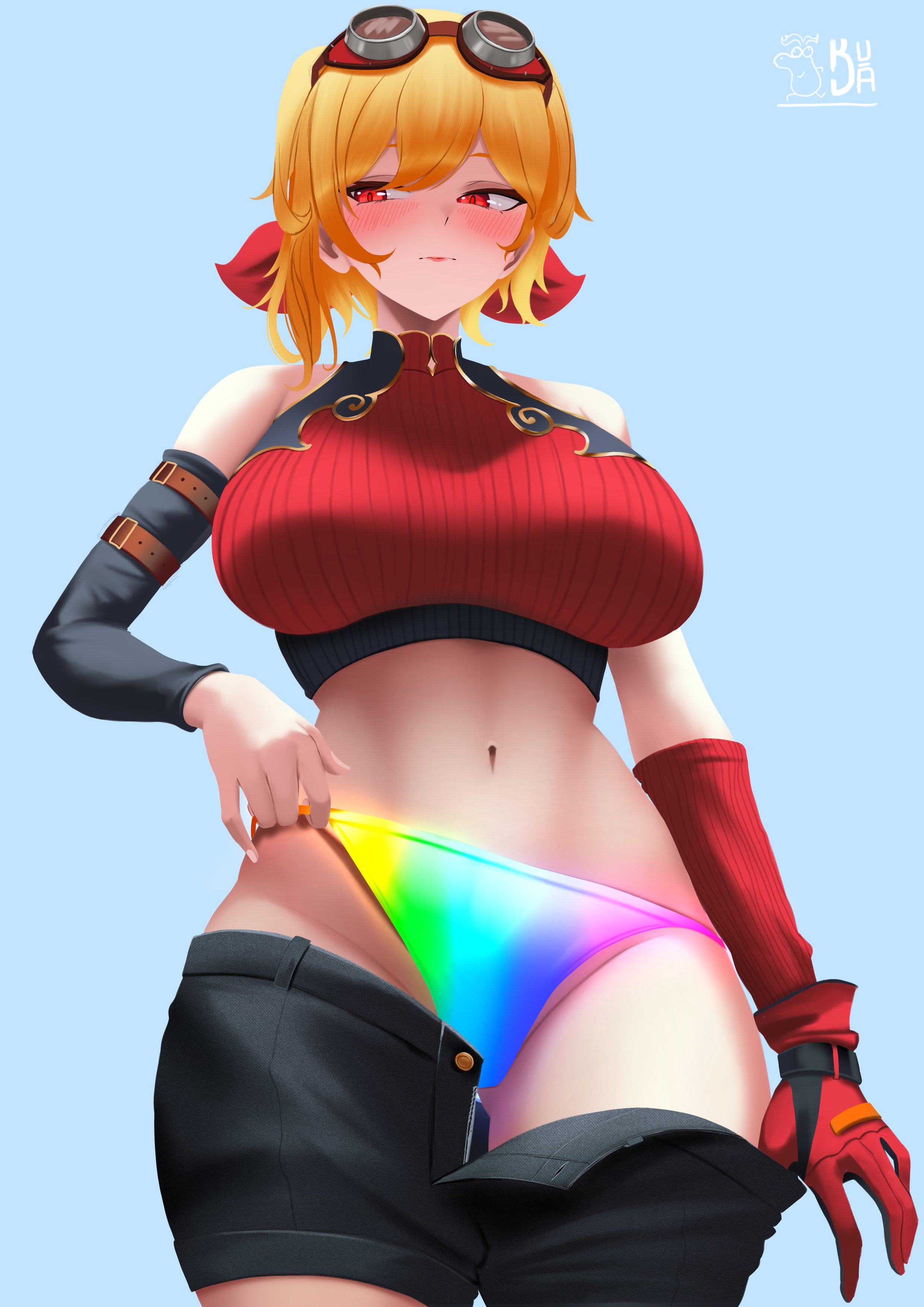 1girls, belly button, blonde hair, blue background, blush, breasts, clothed, clothing, female, female only, glove, goggles, goggles on head, hololive, hololive indonesia, hololive indonesia holoh3ro, huge breasts, kaela kovalskia, kudasama (kud4art), light skin, light-skinned female, looking away, panties, rainbow panties, red eyes, red glove, shorts, simple background, solo, unzipped shorts, virtual youtuber