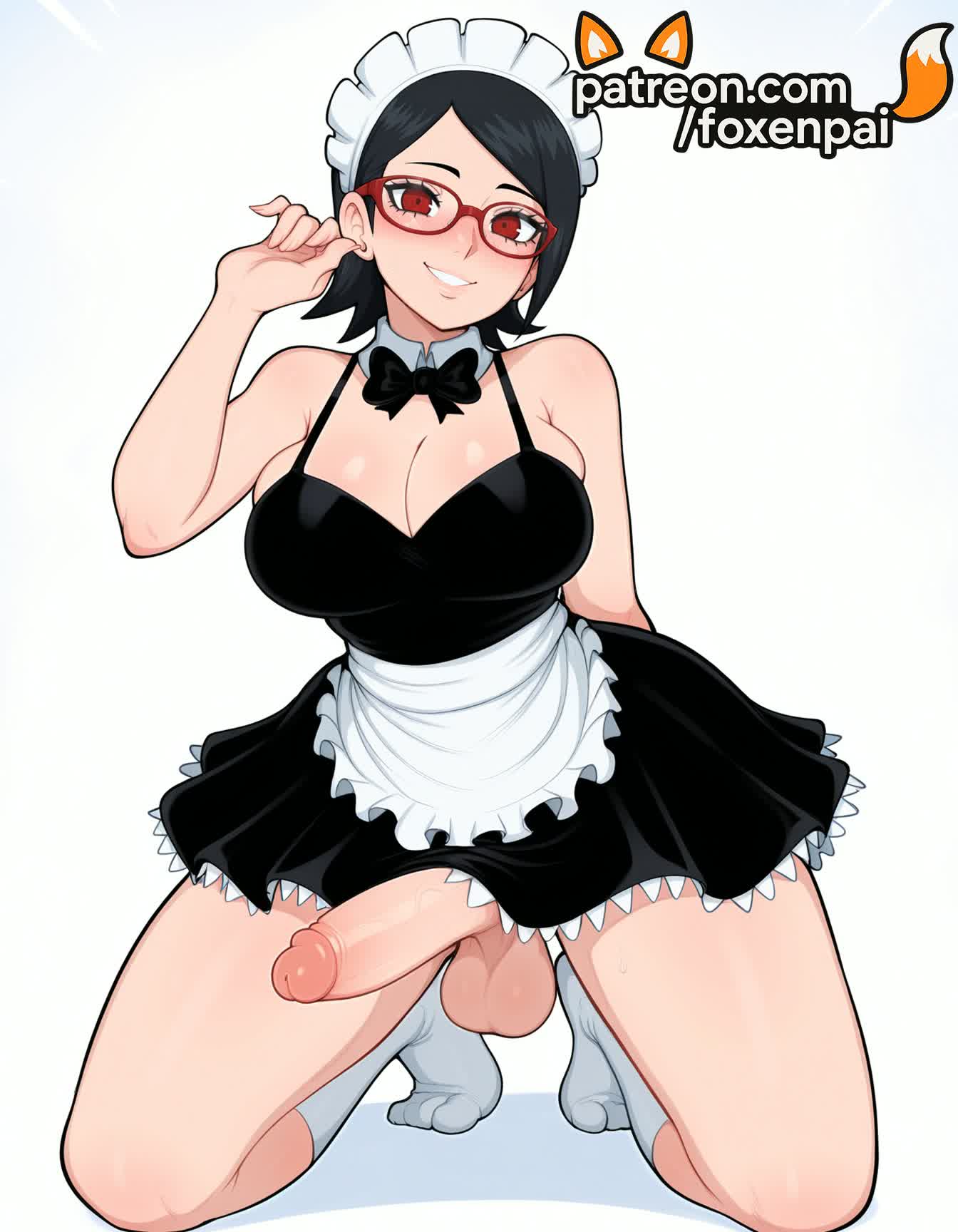 1futa, 2025, ai generated, apron, artist name, balls, black hair, blush, breasts, bust, chest, cock, dick, erection, foreskin, foxenpai, futanari, glasses, hi res, high quality, high resolution, highres, intersex, maid, maid headdress, naruto, naruto (series), patreon, patreon username, penis, precum, red eyes, rule 63, sarada uchiha, smile, socks, solo, stable diffusion, testicles, tight foreskin, uncensored, uncircumcised, waist apron, watermark, white apron