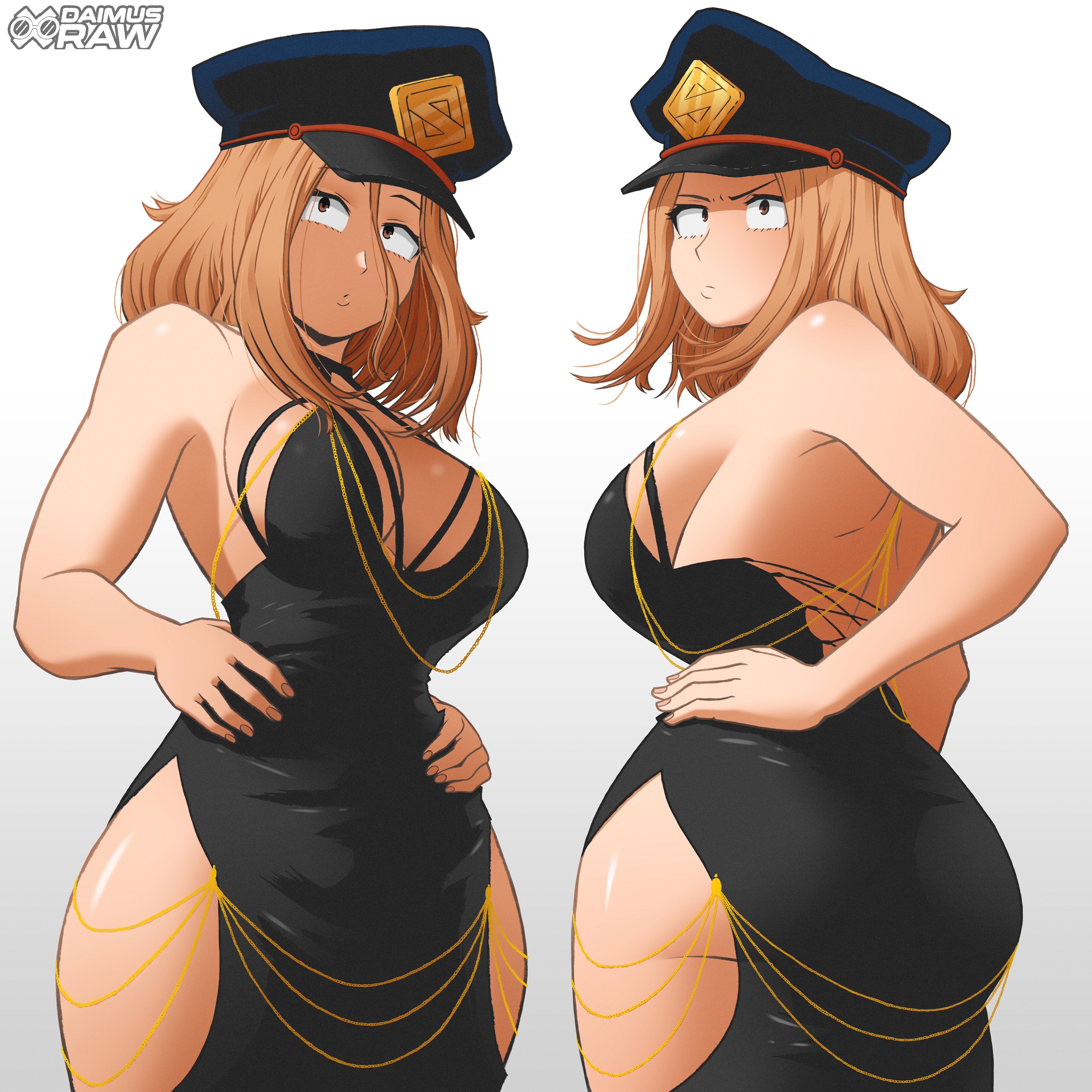 1:1, 1girls, absurd res, artist logo, artist name, ass, ass too big, barely contained breasts, barely fits, big ass, black dress, blonde hair, blonde-haired female, boku no hero academia, breasts, brown hair, bursting breasts, camie utsushimi, daimusraw, dress, female, female only, front and back, hi res, looking up, modakawa dress, my hero academia, teenager, tight clothes, tight clothing, tight dress, tight fit, tight fitting clothing