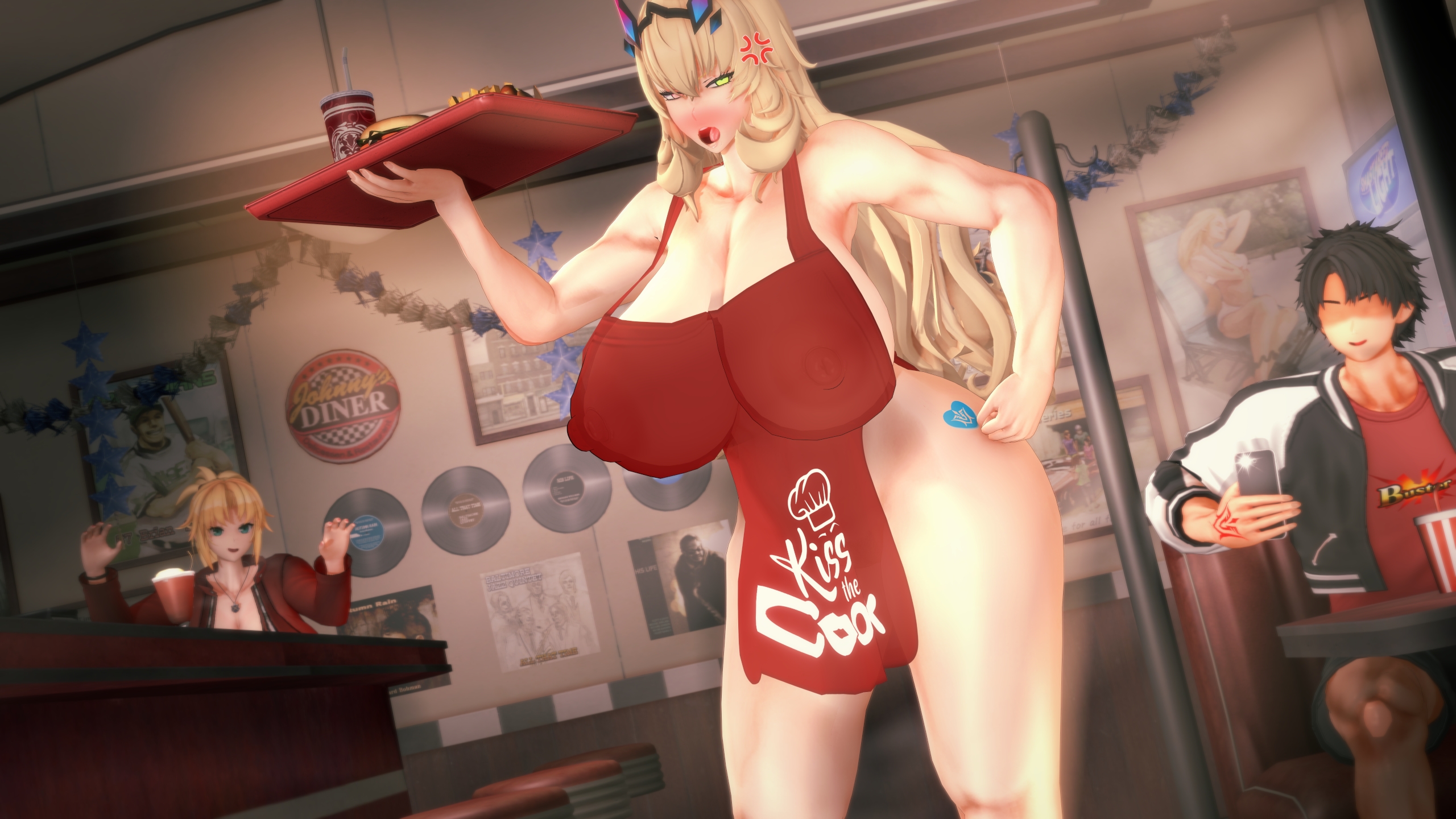 1boy, 2girls, 3d, apron, barghest (gawain) (fate), blonde female, blonde hair, breasts, fate (series), fate/grand order, female, female focus, fujimaru ritsuka (male), gustavo40, huge breasts, koikatsu, male, mordred (fate), multiple girls, muscular, muscular female, naked apron, solas (artist), solo focus, tagme