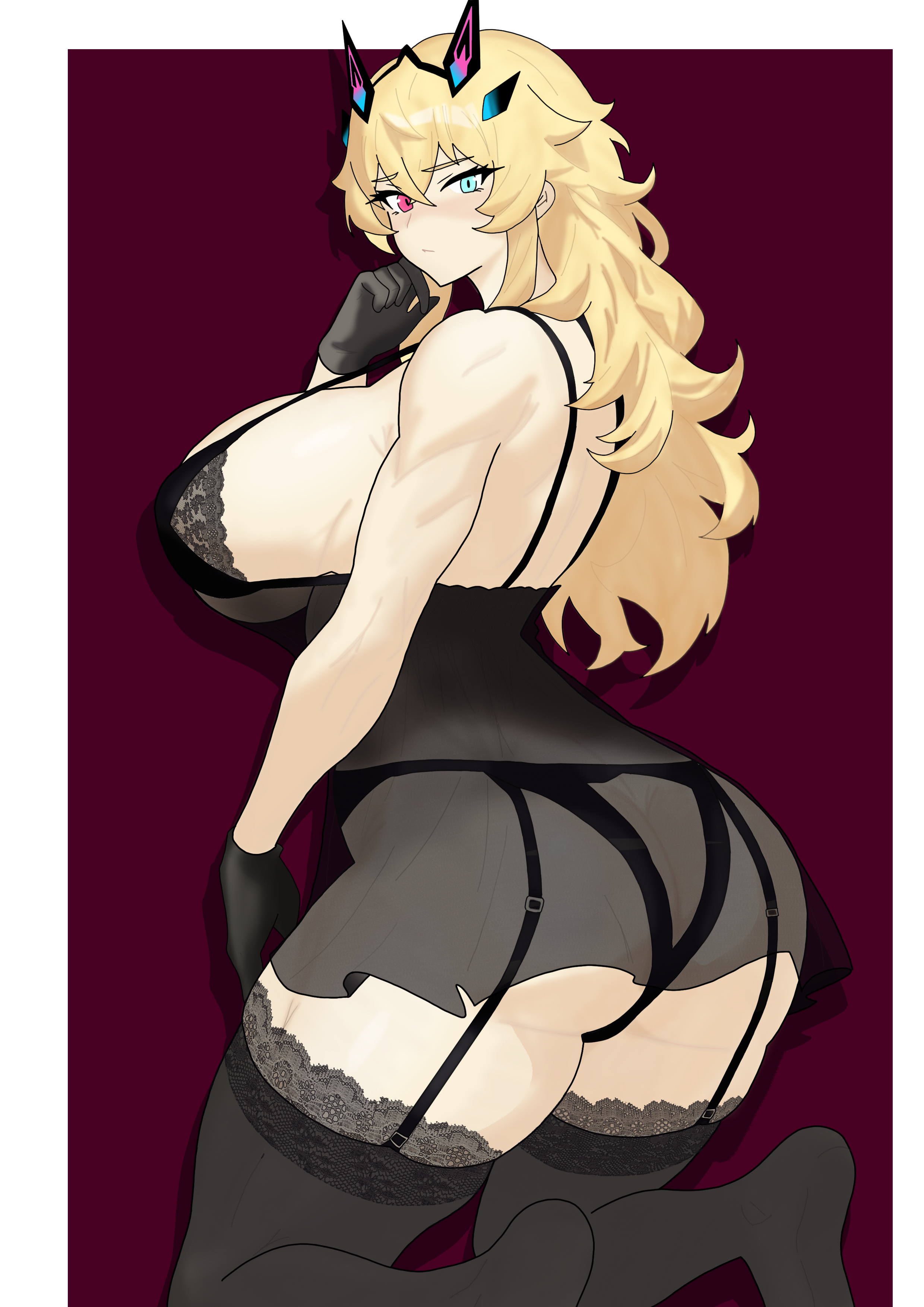 1girls, ass, ass focus, barghest (gawain) (fate), big ass, big breasts, black panties, black thighhighs, blonde hair, blue eyes, blush, breasts, fate (series), fate/grand order, female, female only, garter belt, garter straps, hair, handwear, heterochromia, huge breasts, lace, lace trim, lace-trimmed panties, lace-trimmed thighhighs, legwear, light-skinned female, lingerie, long hair, looking at viewer, looking back, muscular, muscular female, nightgown, on knees, panties, pink eyes, solo, solo female, thighhighs, underwear, yom4 e