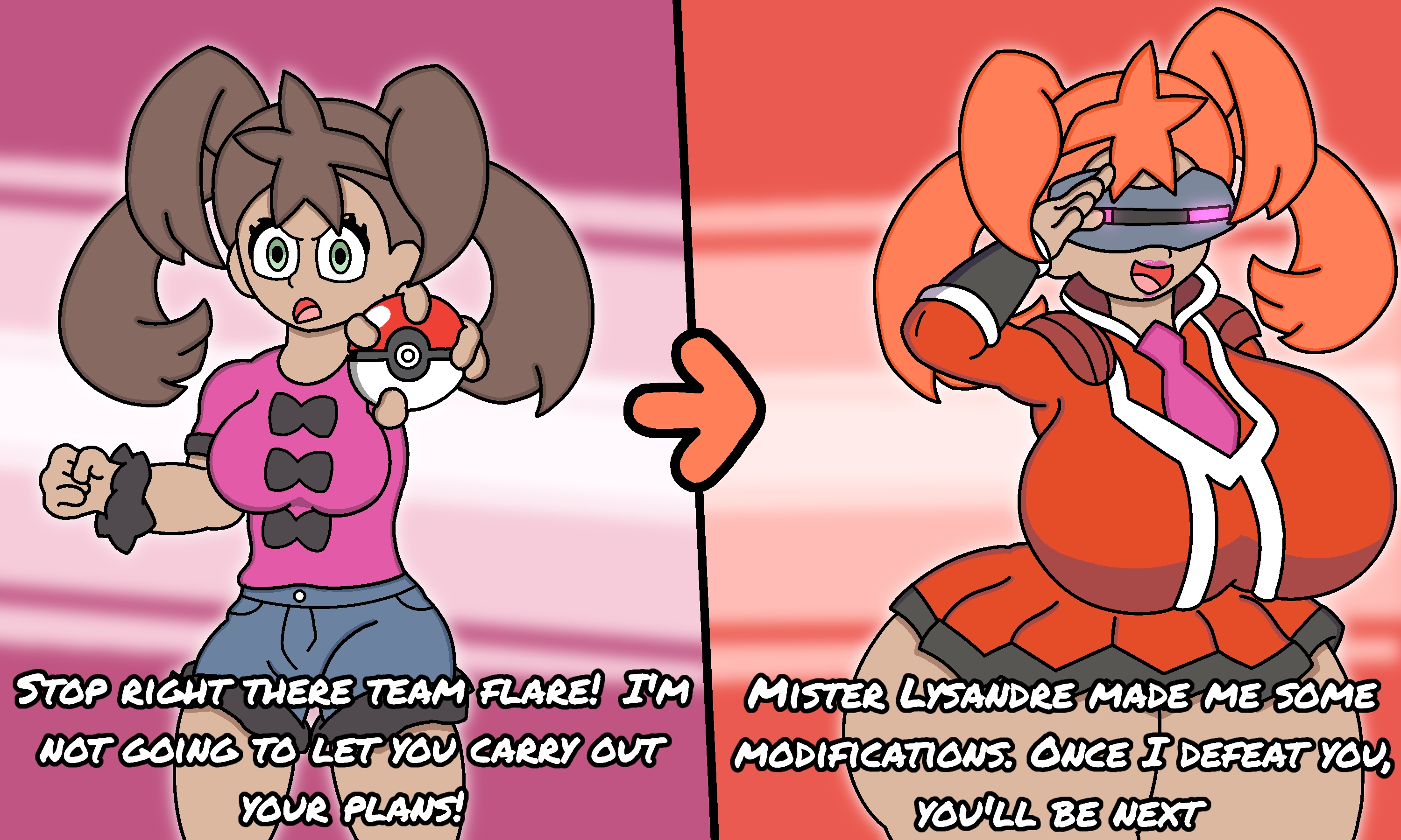 1girls, 3d glasses shorty, ass expansion, bad end, big ass, big breasts, big butt, bimbo, bimbofication, boobs expansion, brainwashing, breast expansion, breasts, brown hair, captured, captured heroine, clothing, corruption, dark skin, dark-skinned female, dialogue, enemy conversion, english text, expansion, expansion sequence, female, glasses, green eyes, hyper ass, hyper boobs, hyper breasts, hyper thighs, hypno glasses, hypnosis, identity death, instant loss, instant loss 2koma, lipstick, looking at viewer, modification, pink lipstick, pokeball, pokemon, pokemon (species), pokemon xy, red hair, shauna (pokemon), team flare, text, thick thighs, thunder thighs, tinted eyewear, transformation, visor, wardrobe malfunction