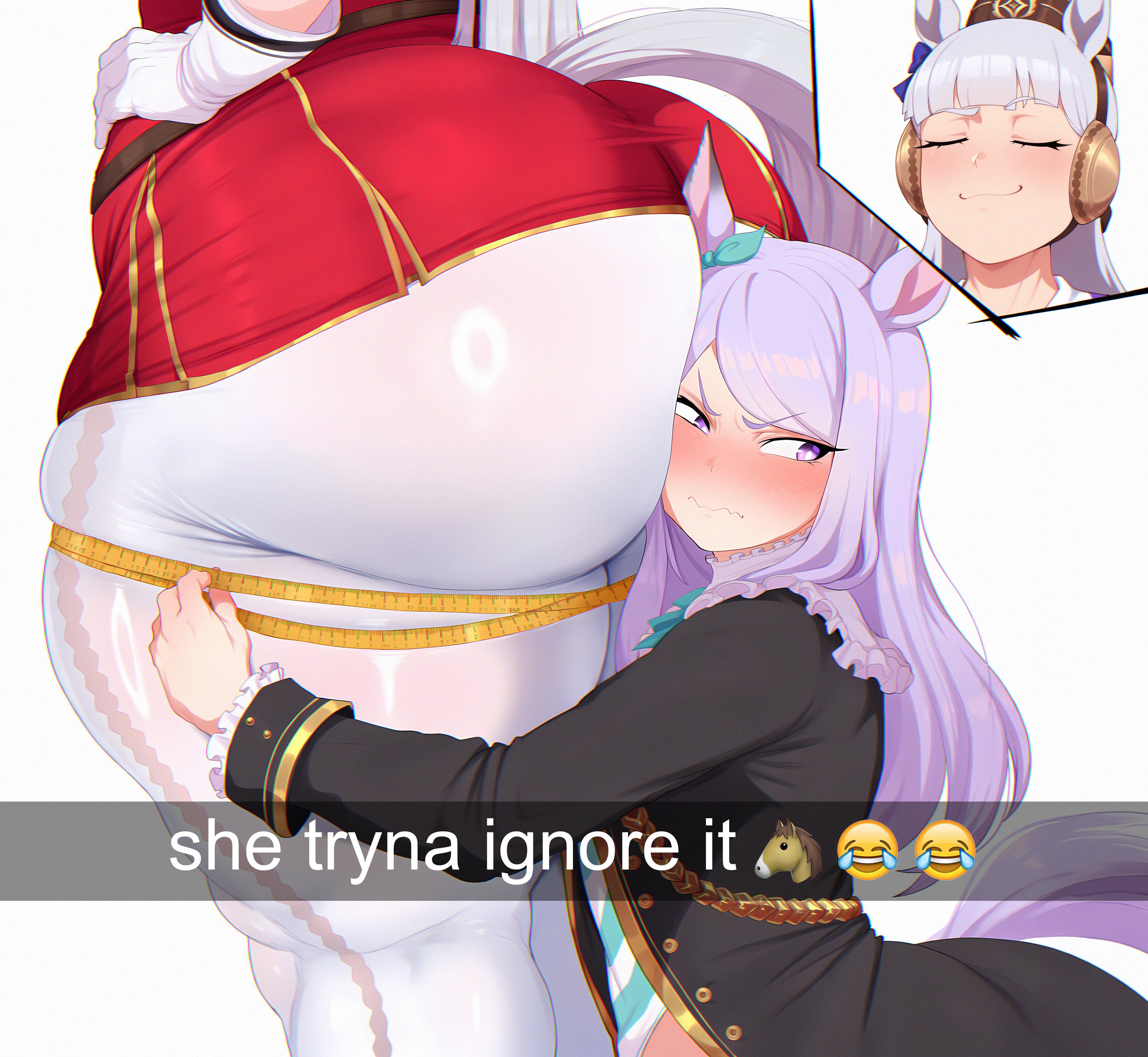 2026, 2girls, accidental circumstance, ai generated, ass, ass focus, big ass, blushing, bubble butt, child bearing hips, dat ass, dumptruck ass, el memc, face on ass, fat ass, female, female only, gold ship (umamusume), hands on hips, hat, he tryna ignore it (meme), horny, horny female, horse ears, horse girl, horse tail, huge ass, looking away, measurements, measuring, measuring ass, measuring tape, mejiro mcqueen (umamusume), memch0, purple eyes, purple hair, rubbing ass, small breasts, text, thick thighs, thunder thighs, tight clothing, umamusume, umamusume pretty derby