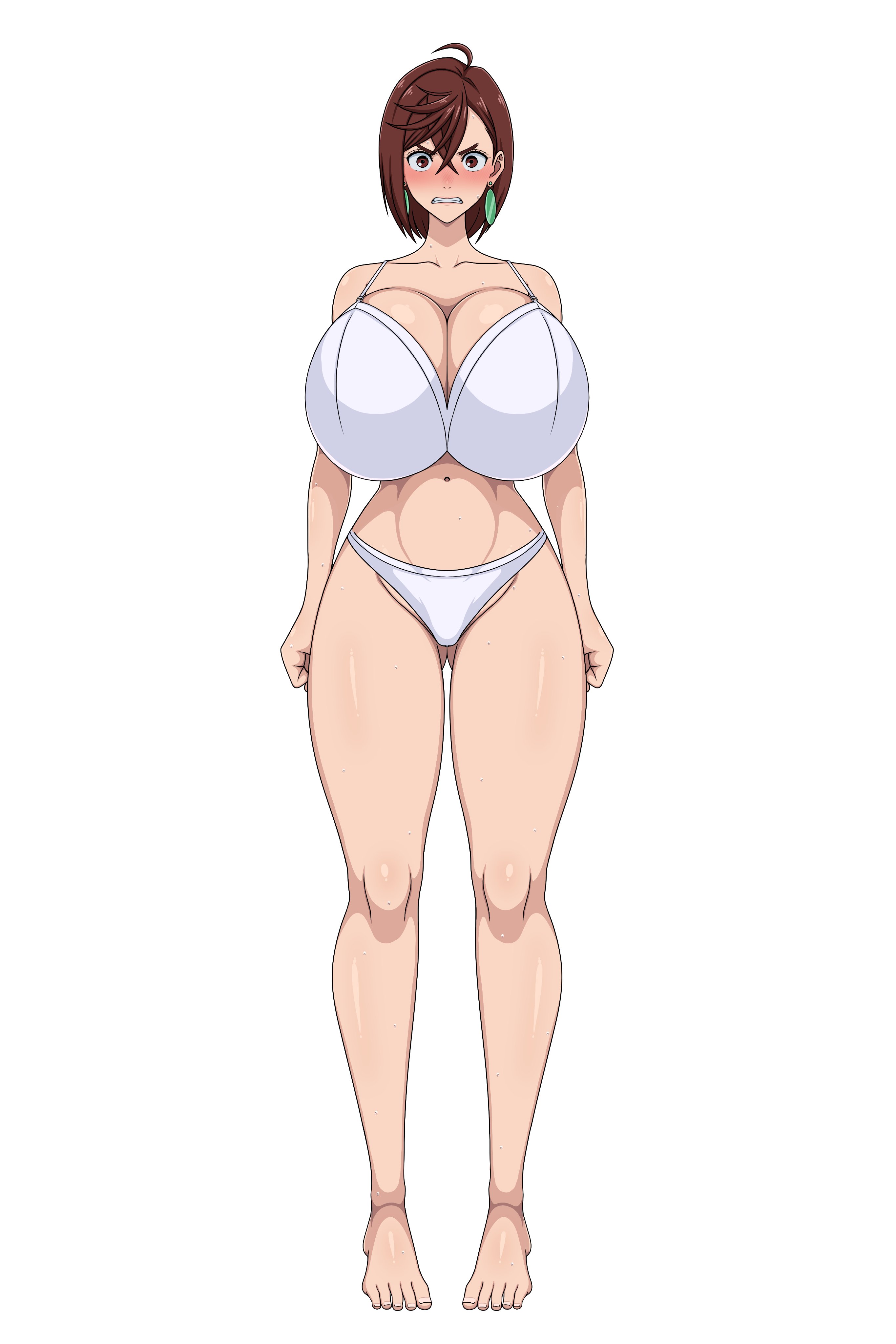 1girls, angry, angry expression, angry face, ayase momo, bare legs, bare shoulders, barefoot, belly button, big ass, big breasts, blush, blushing at viewer, bra, breasts, brown eyes, brown hair, busty, cleavage, curvy, curvy figure, dandadan, earrings, embarrassed, feet, female, female focus, female only, half naked, huge breasts, large breasts, lingerie, looking at viewer, navel, panties, short hair, sihkygmojsn, simple background, slim waist, solo, solo female, solo focus, standing, sweat, sweatdrop, sweating, teeth, teeth clenched, teeth showing, thick ass, thick hips, thick legs, thick thighs, thighs, white background, wide hips