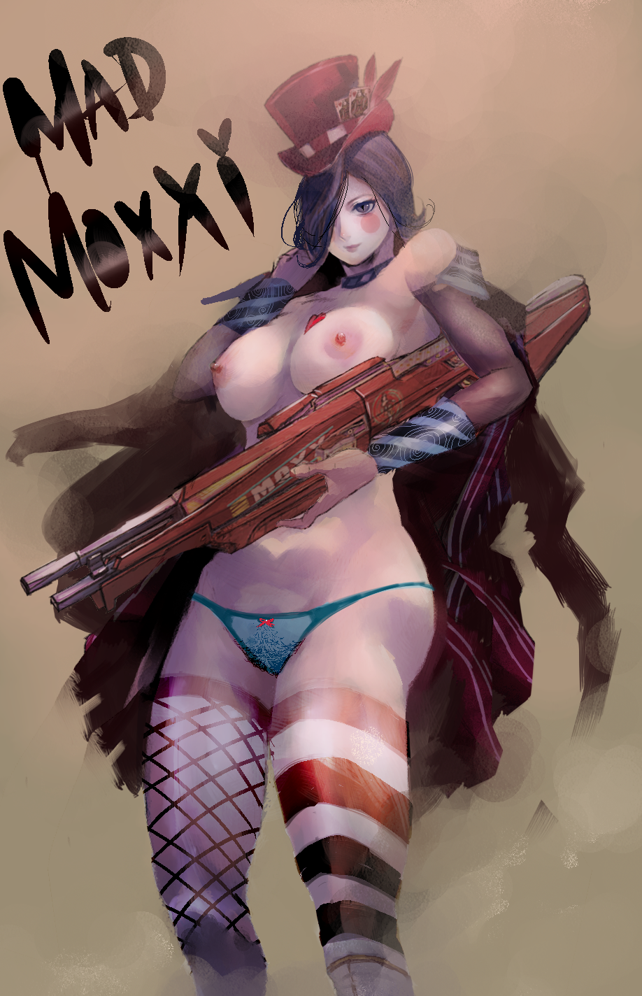 asymmetrical_clothes asymmetrical_legwear black_hair borderlands breasts character_name coat female fishnets gun hair hat heart homex large_breasts mad_moxxi makeup nipples painting_(artwork) pubic_hair see-through solo striped striped_legwear tattoo thighhighs top_hat weapon