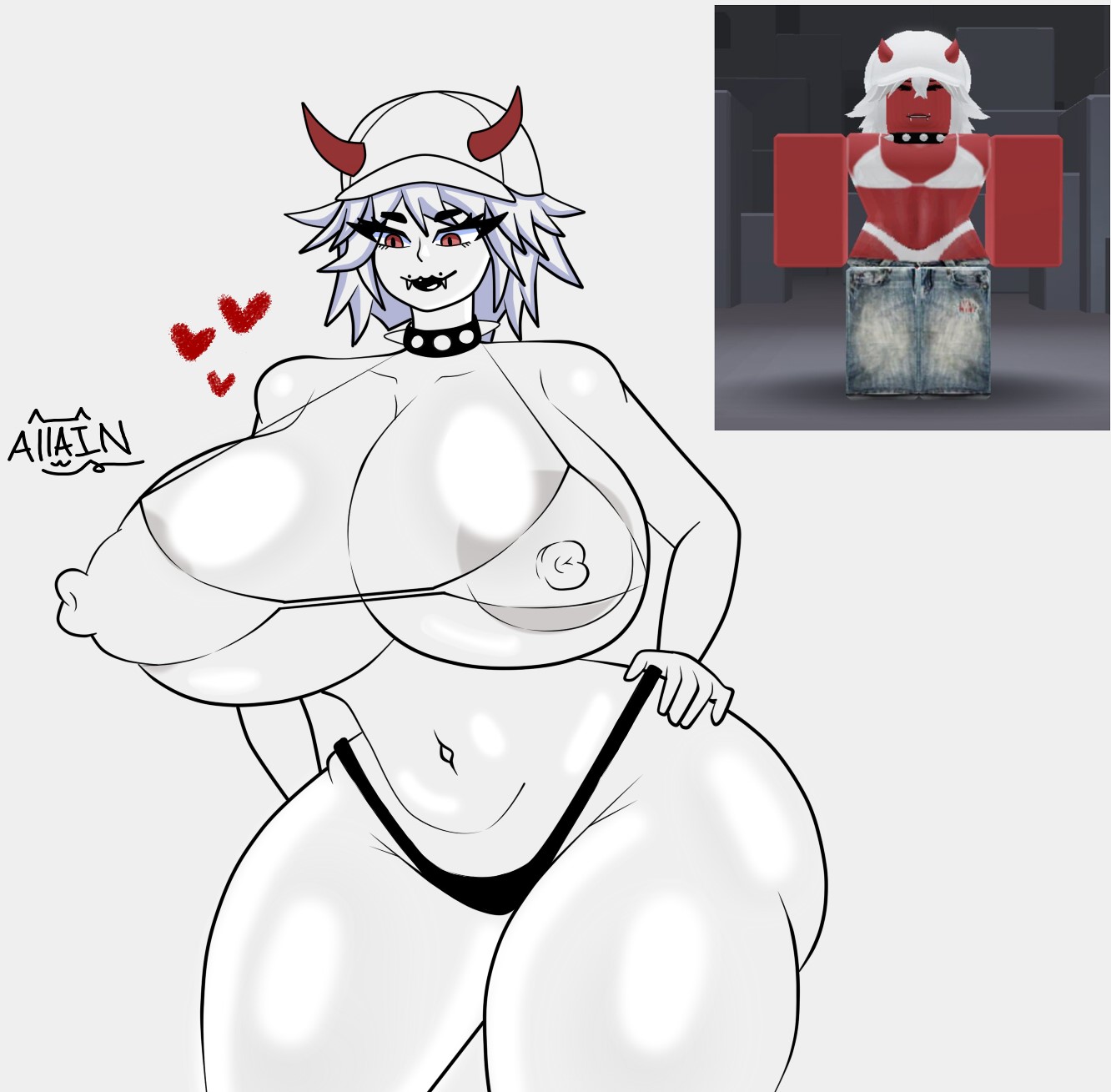 1girls, allaintfcku, artist signature, big areola, big ass, big butt, big nipples, big thighs, bra, breasts, demon girl, fat ass, female, gigantic breasts, horns, huge ass, huge butt, huge nipples, huge thighs, nipple bulge, nipples, oc, red eyes, reference image, roblox, roblox avatar, robloxian, self upload, tagme, thong