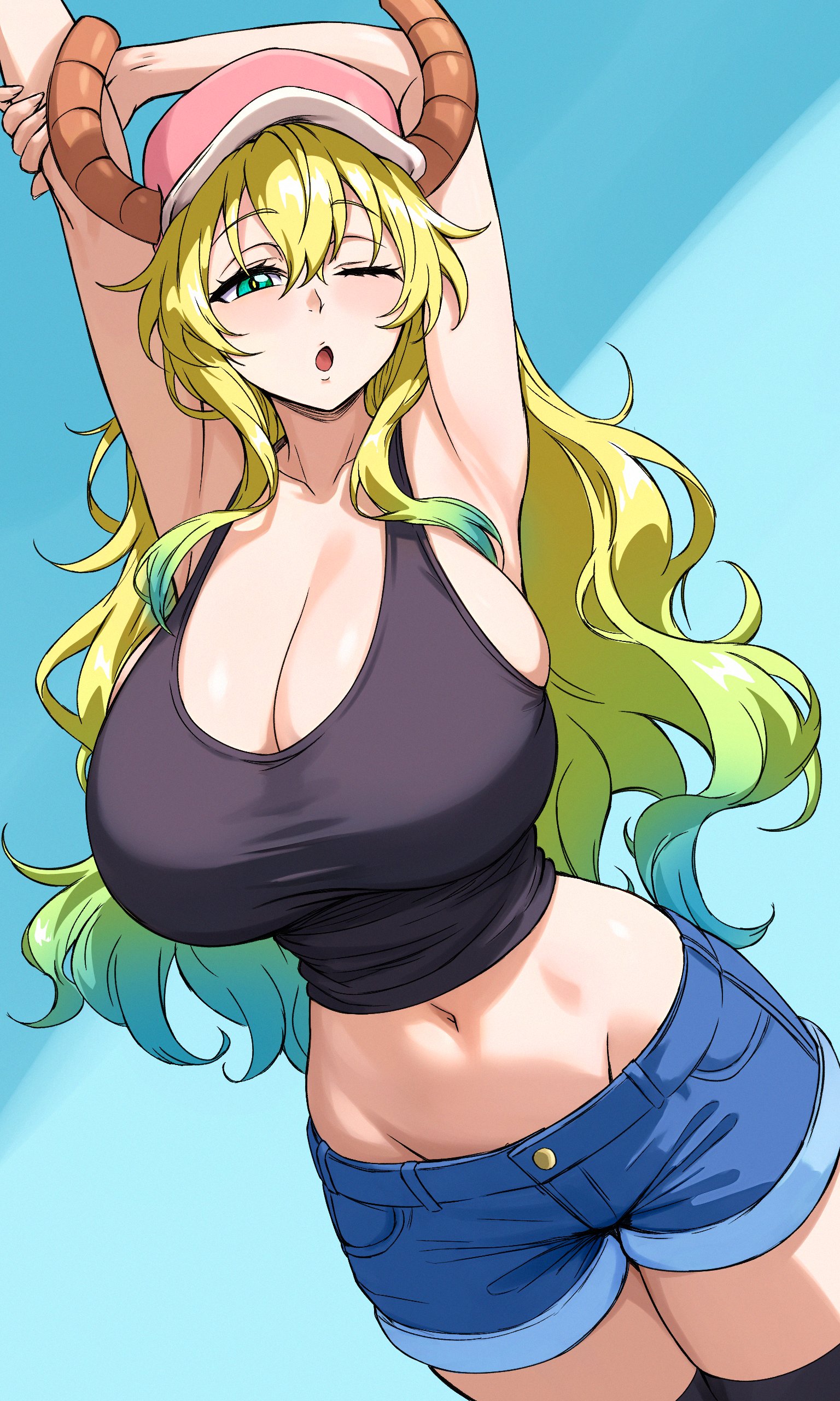 1girls, alternate version available, arm up, baseball cap, belly, belly button, big breasts, black tank top, blonde hair, blue shorts, bottomwear, breasts, cleavage, clothing, female, female only, hat, headwear, horns, huge breasts, large breasts, legwear, long hair, mature, mature female, mature woman, miss kobayashi's dragon maid, one eye closed, quetzalcoatl (dragon maid), shorts, solo, solo female, stretching, tank top, thighs, topwear, two-tone hair, wink, zantyarz