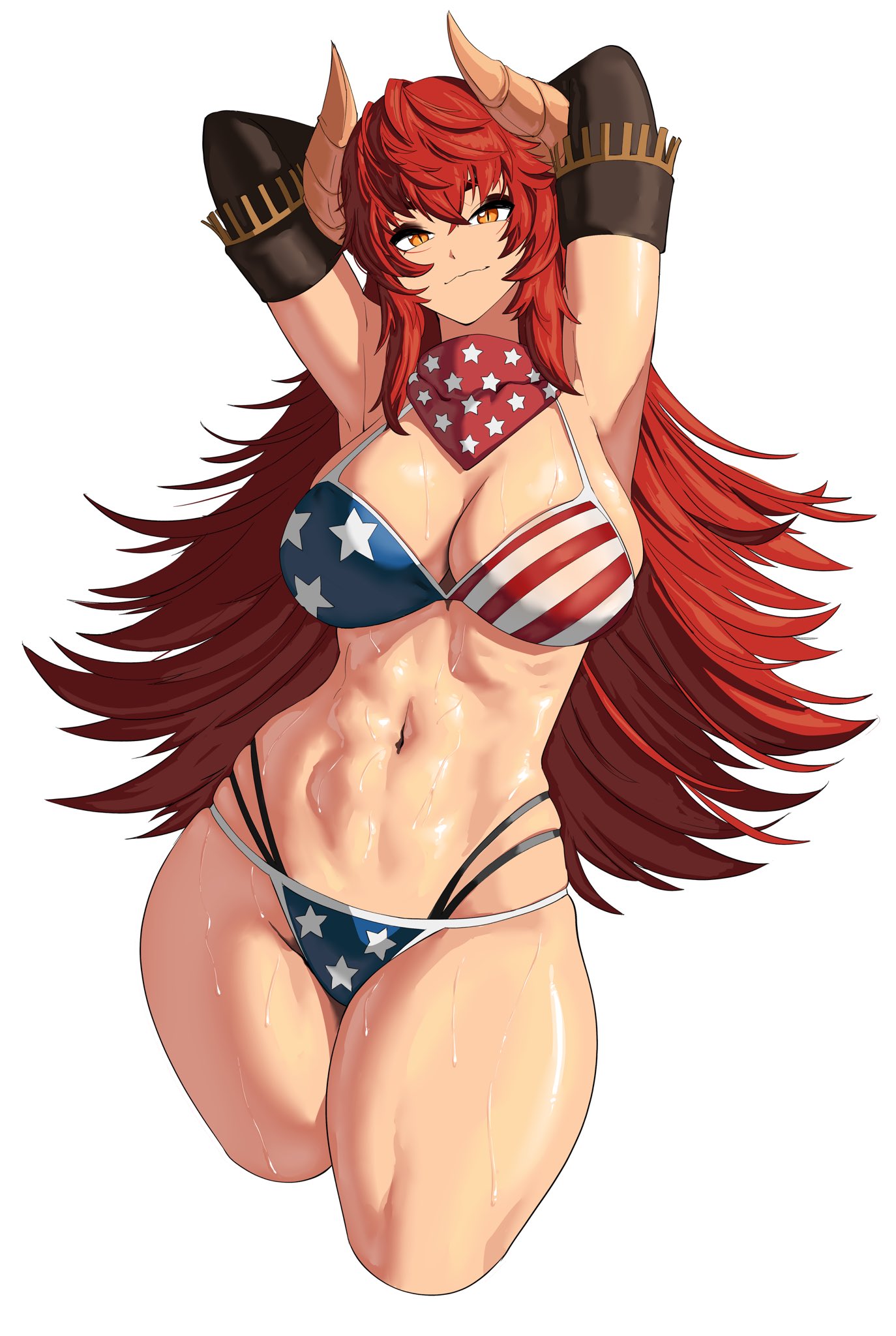 1girls, american flag bikini, armpits, arms up, breasts, female, female only, hands behind head, long hair, navel, octavius dp, red hair, solo, thick thighs, virtual youtuber, wide hips, zentreya, zentreya (cowboy bikini)