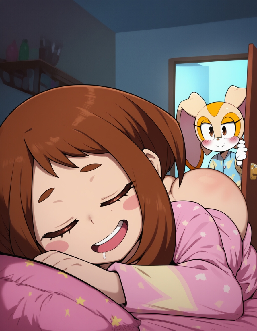 2girls, ai generated, anime, ass, ass cheeks, blush, cream the rabbit, crossover, exposed ass, exposed butt, female, female anthro, female anthro/female human, female human, female human/female anthro, interspecies, my hero academia, no panties, no underwear, ochako uraraka, pajamas, pajamas down, pants, pants down, sega, sleeping, sonic (series), unaware