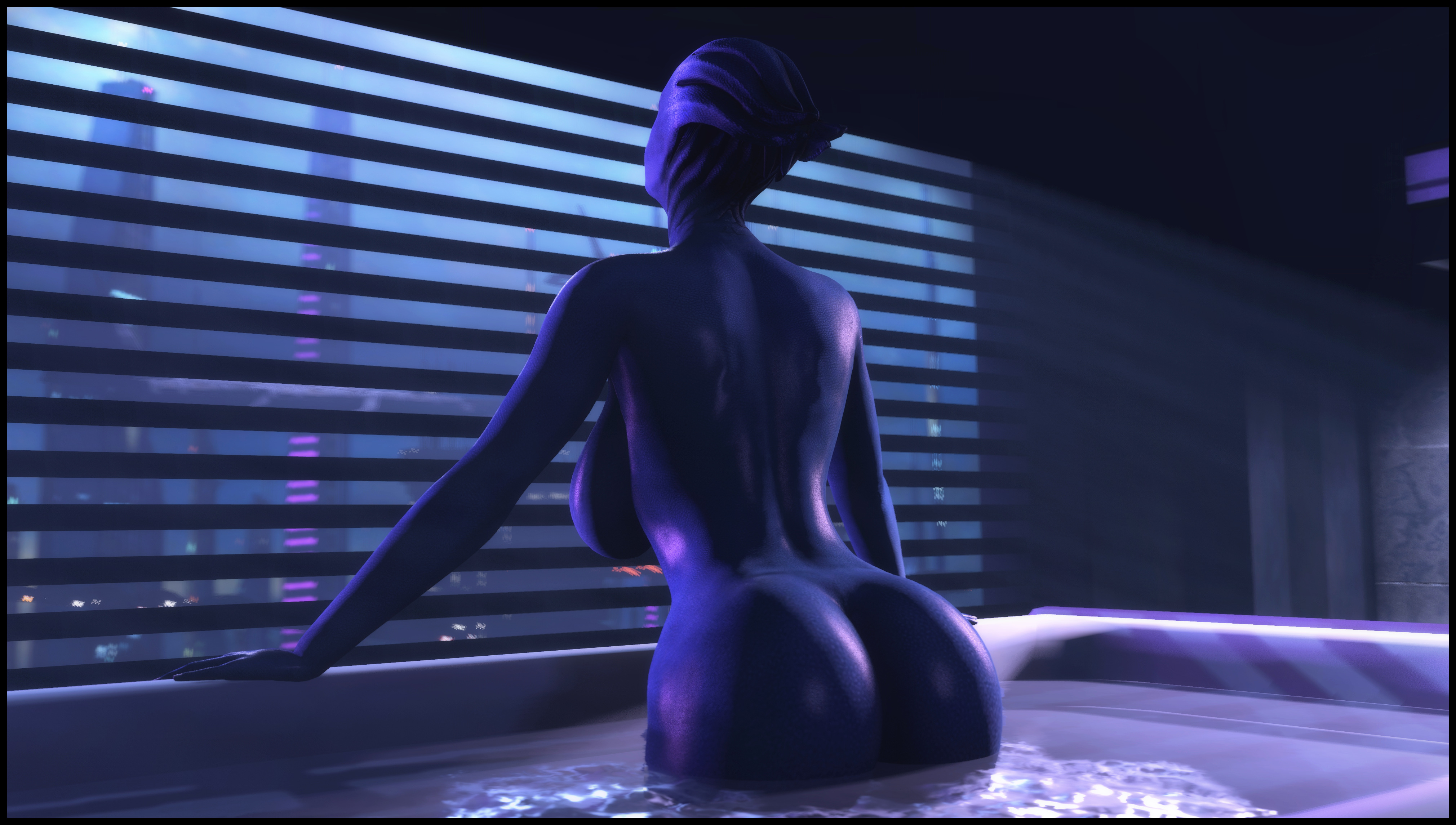1girls, 3d, alien, asari, ass, big ass, big breasts, bioware, blue skin, breasts, bubble butt, female, female only, foab30, hot tub, large breasts, mass effect, nude, solo