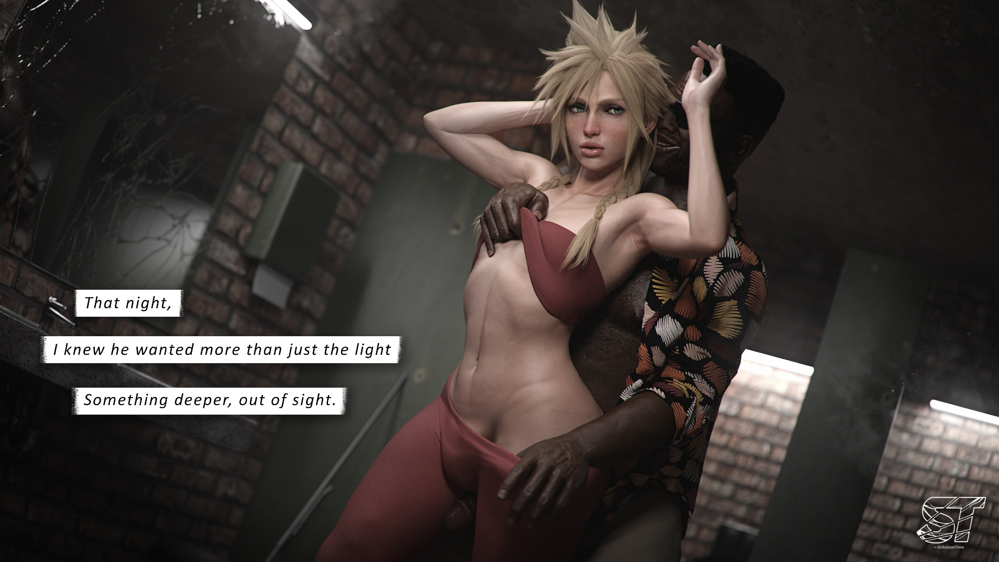 2025, 2boys, 3d, alternate version available, androgynous, blonde hair, clothed, clothed male, cloud strife, crossdressing, crossdressing male, dark skin, dark-skinned male, detailed background, english, english text, femboy, final fantasy, final fantasy vii, final fantasy vii remake, image set, indoors, interracial, male, male only, no underwear, nude underneath, pants pull, schnitzeltime, sissy, skimpy, skimpy clothes, skin tone difference, text, top lift