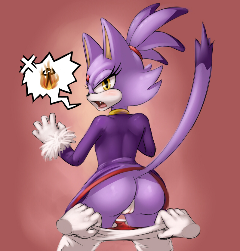 2014 angry anthro ass assisted_exposure blaze_the_cat blush clothed clothing disembodied_hand drxsmokey fangs feline female half-closed_eyes looking_at_viewer looking_back mammal open_mouth pantsing plain_background pussy sega sonic_(series) tongue undressing yellow_eyes