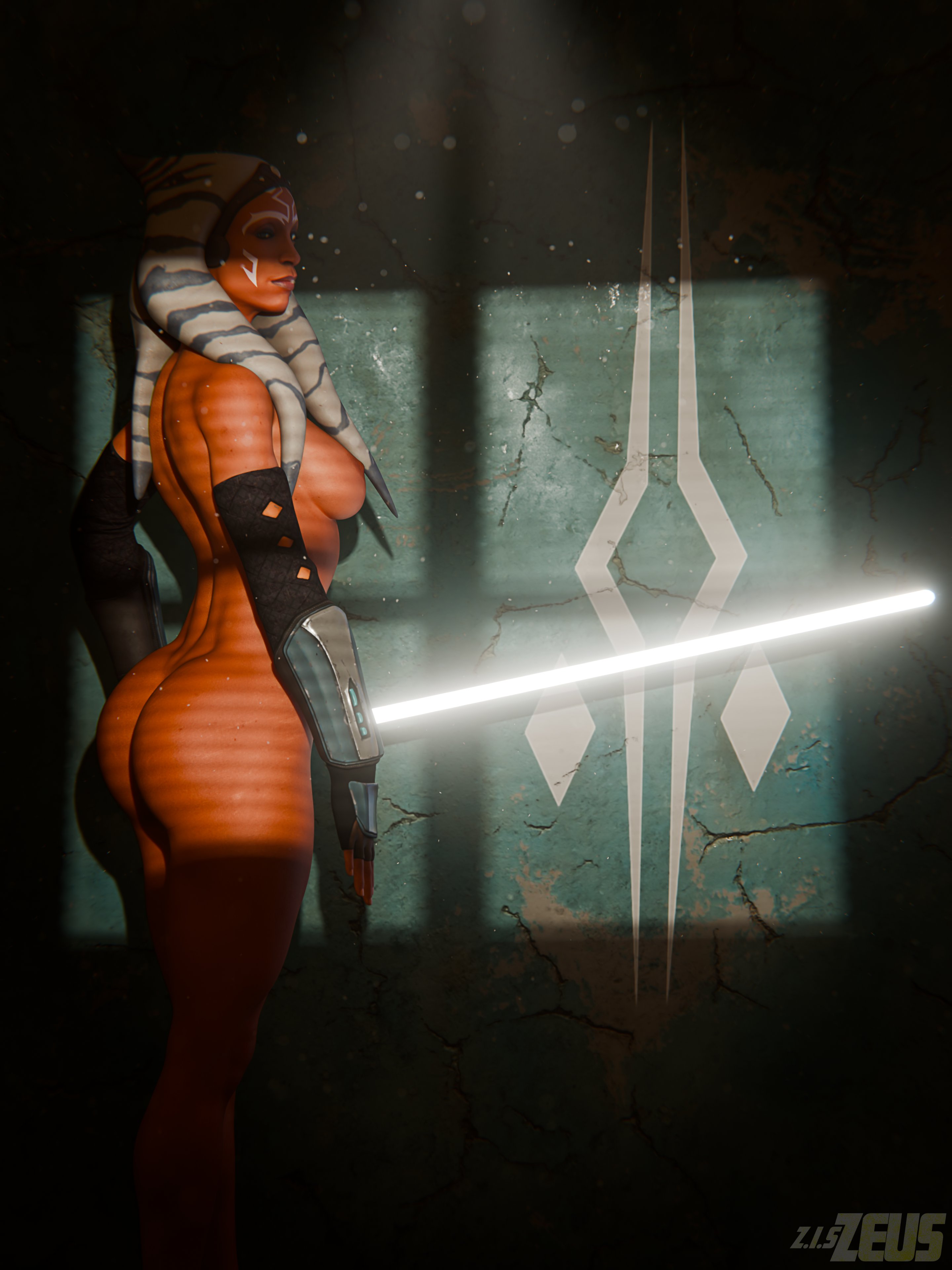 1girls, 3d, ahsoka tano, alien, ass, big ass, breasts, female, female only, lightsaber, nipples, orange skin, rosario dawson, solo, star wars, togruta, white lightsaber, zis2nsfw