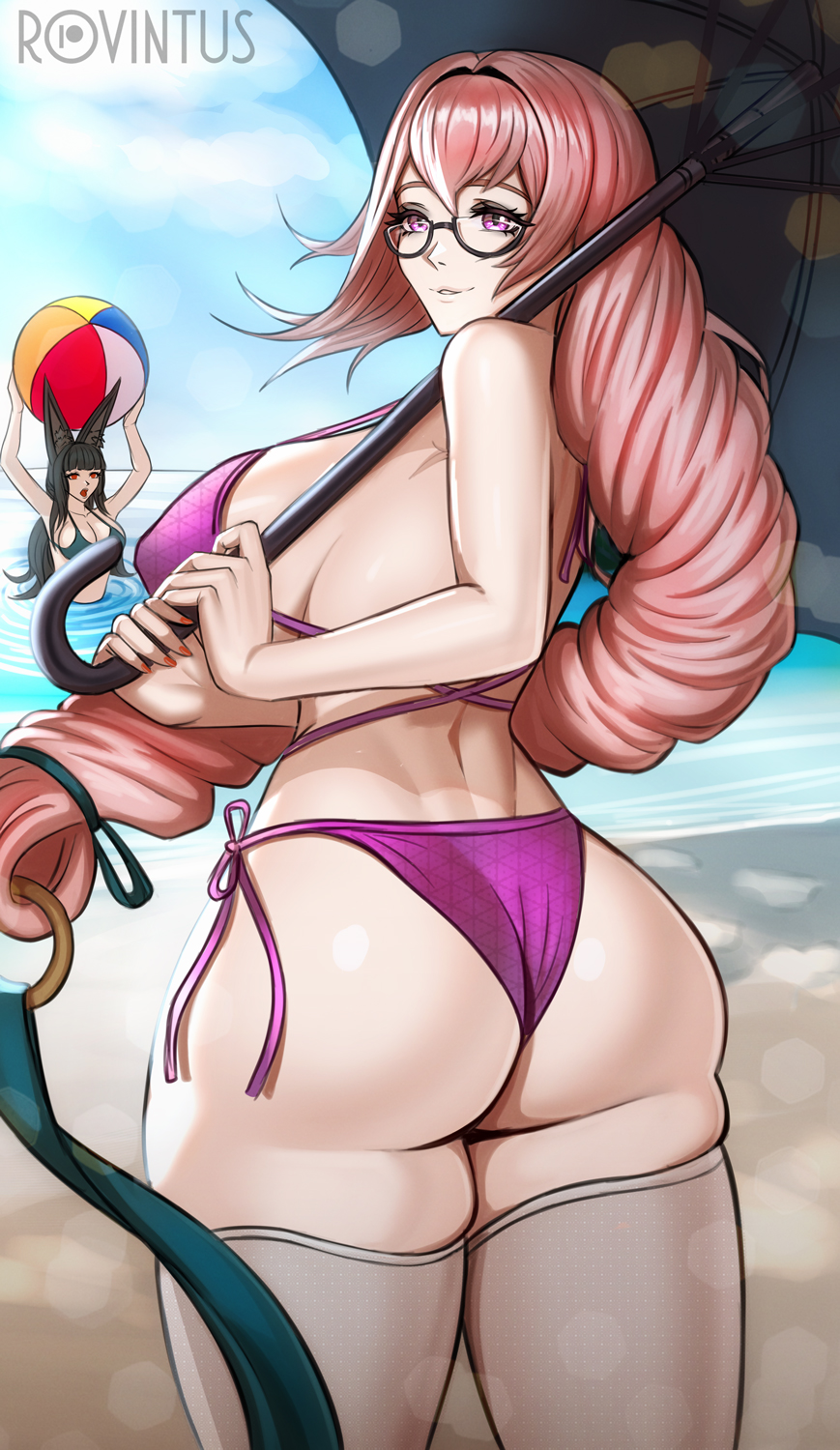 2girls, alternate version available, ass, beach, beach ball, big ass, big breasts, bikini, bikini bottom, bikini top, bottomwear, braid, breasts, eyewear, female, female focus, female only, glasses, hair, holding object, holding umbrella, hoshimi miyabi, huge breasts, legwear, looking back, nails, pink eyes, pink hair, purple bikini, rovintus, solo focus, swimwear, thick thighs, thighhighs, thighs, topwear, tsukishiro yanagi, umbrella, white thighhighs, zenless zone zero