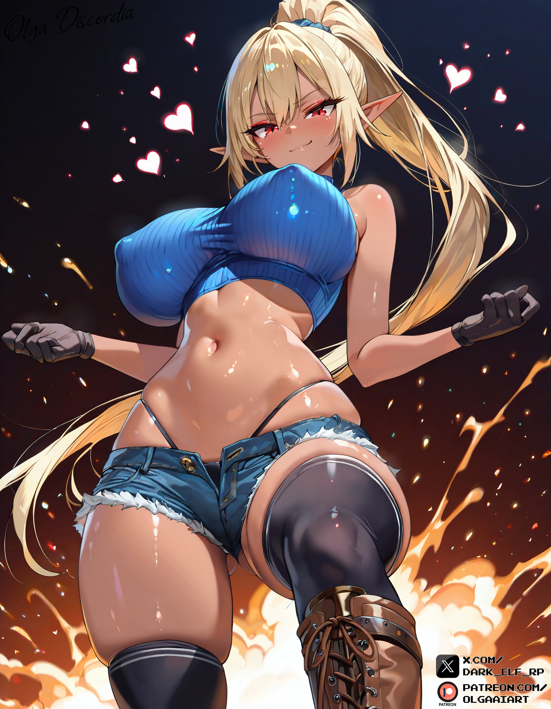 ai generated, blonde hair, cloe (kuroinu), dark elf, dark skin, dark-skinned female, ebony, ebony female, elf, elf ears, elf female, elf girl, female, female focus, female only, fit, fit female, high quality, high resolution, highres, kuroinu ~kedakaki seijo wa hakudaku ni somaru~, long hair, olgaaiart, ponytail, self upload, tomboy