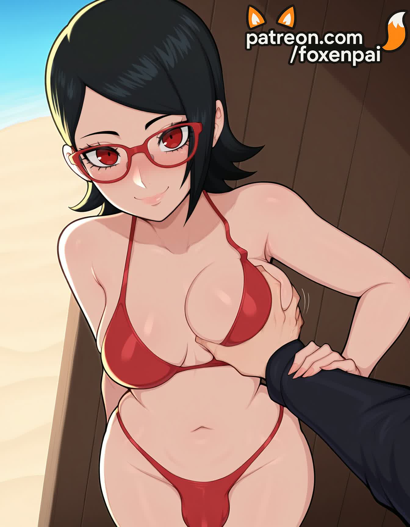 1futa, 2025, ai generated, artist name, bikini, black hair, breast grab, breasts, bust, chest, deep skin, foxenpai, futanari, glasses, grabbing, guided breast grab, hi res, high quality, high resolution, highres, intersex, naruto, naruto (series), navel, patreon, patreon username, pov, red bikini, red eyes, red-framed eyewear, sarada uchiha, short hair, smile, solo focus, stable diffusion, swimsuit, watermark