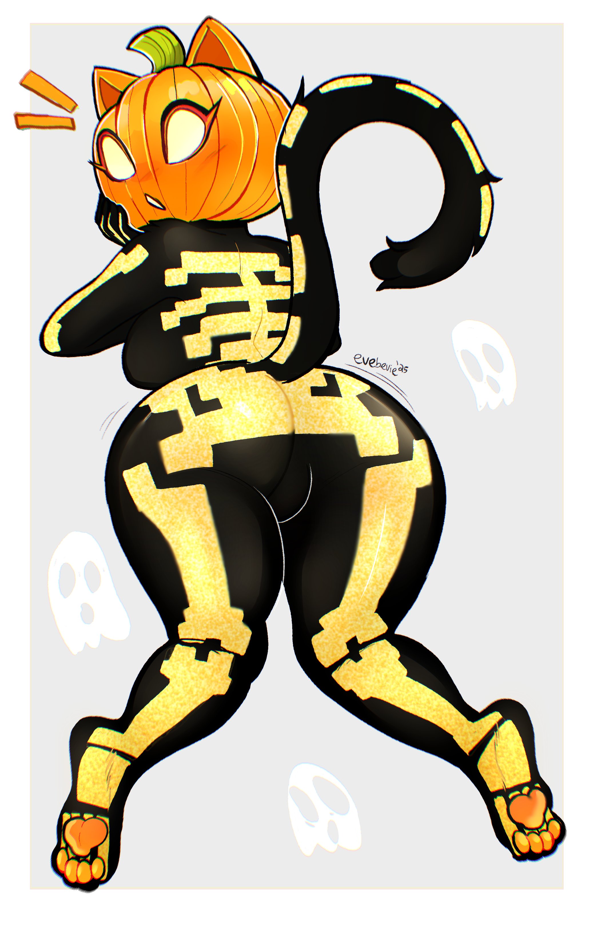 1girls, 2d, ass, ass focus, back, back view, big ass, black body, breasts, cat ears, cat tail, clothed, curvy, epic games, evebevie, feline, female, flustered, fortnite, fortnite: battle royale, furry, furry only, halloween, looking back, looking back at viewer, on knees, paws, pumpkin head, skeleton, solo, solo female, spice (fortnite), thighs