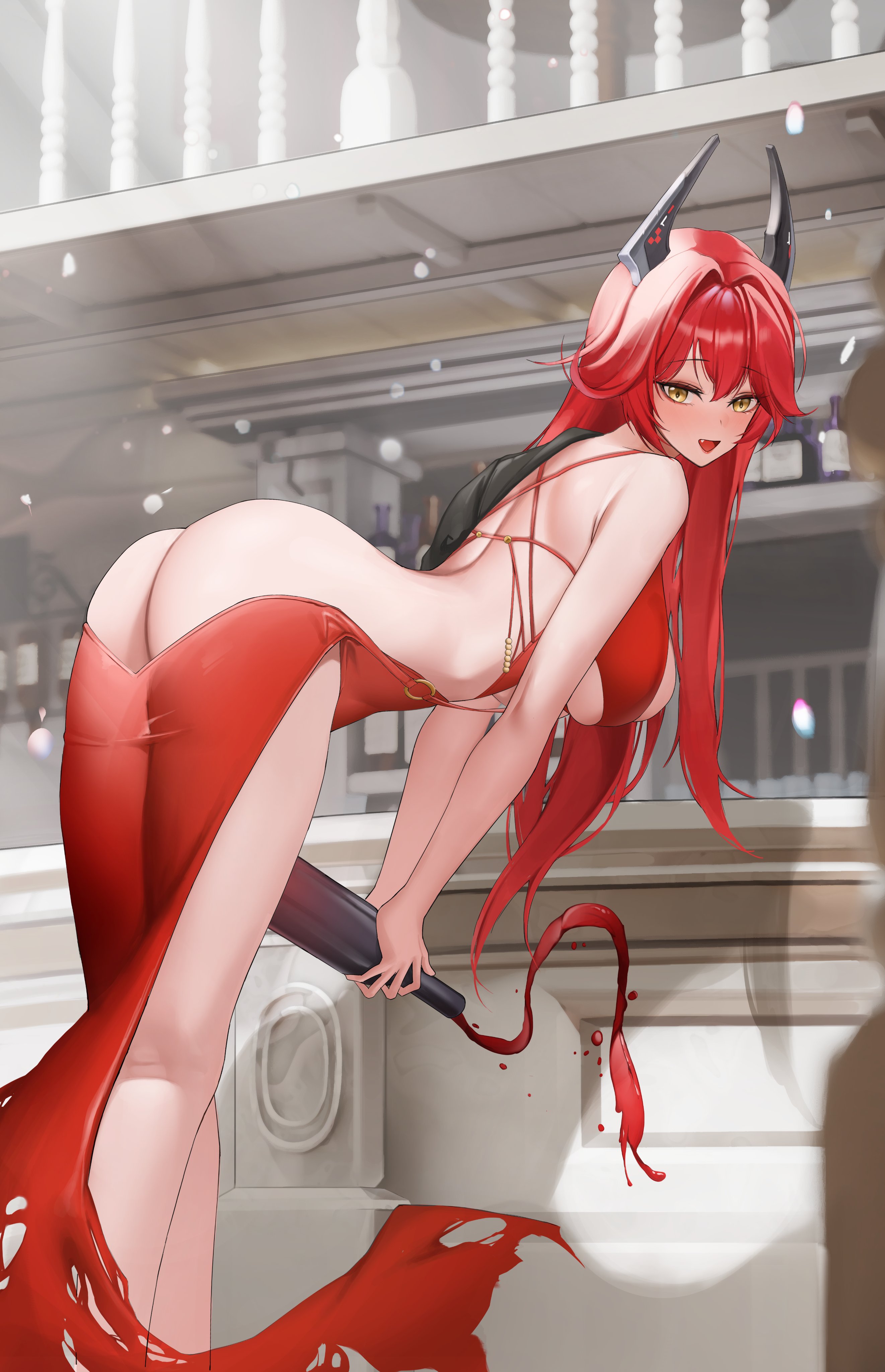 1girls, ass, assless dress, backless dress, bare back, bare shoulders, breasts, cute fang, dress, female, goddess of victory: nikke, nevin (flyskying), red hood (nikke), red hood (nonsense red) (nikke), underboob