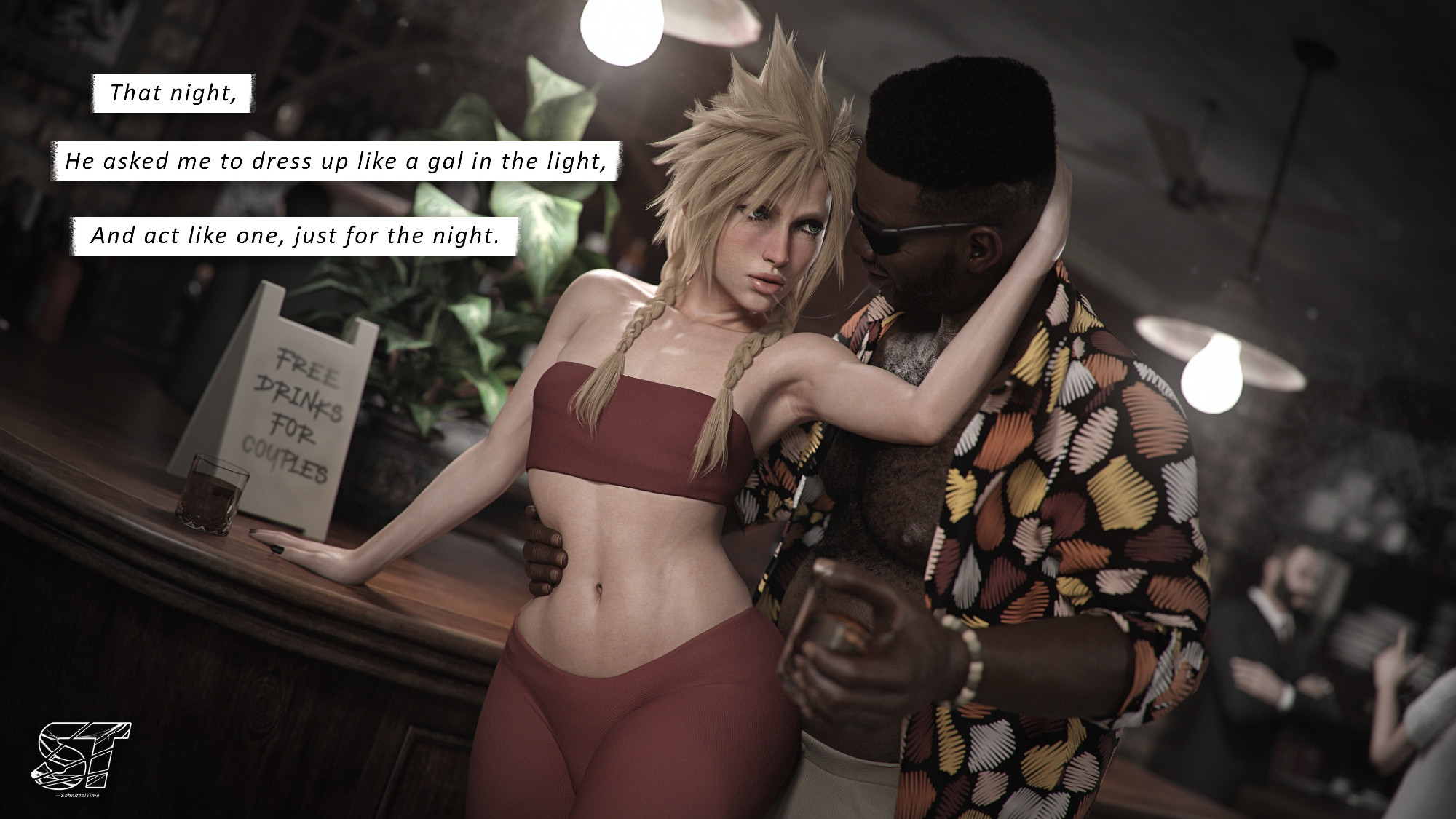 2025, 2boys, 3d, alternate version available, androgynous, bandeau, bare midriff, blonde hair, clothed, clothed male, cloud strife, crop top, crossdressing, crossdressing male, dark skin, dark-skinned male, detailed background, english, english text, femboy, final fantasy, final fantasy vii, final fantasy vii remake, image set, implied kiss, indoors, interracial, male, male only, saliva string, schnitzeltime, sissy, skin tone difference, text