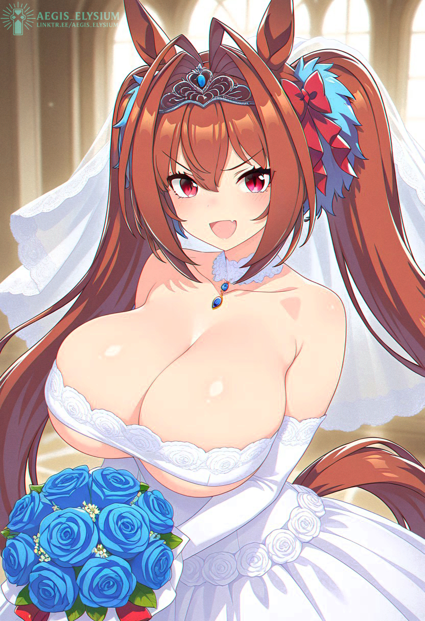 1girls, 2025, aegis elysium, ai generated, animal ears, blushing at viewer, bouquet, breasts, bride, church, church background, cleavage, close-up, cute, daiwa scarlet (umamusume), dress, dute face, fang, female, female focus, female only, flower, flower bouquet, hair ornament, headpiece, hi res, high quality, high res, high resolution, huge breasts, indoor, indoors, large breasts, orange hair, red eyes, ribbon, rock, rose, smiling, smiling at viewer, solo, solo focus, thighs, tiara, tongue, twintails, umamusume, umamusume pretty derby, wall, wall (structure), watermark, wedding, wedding dress, wet, white dress, window, windows