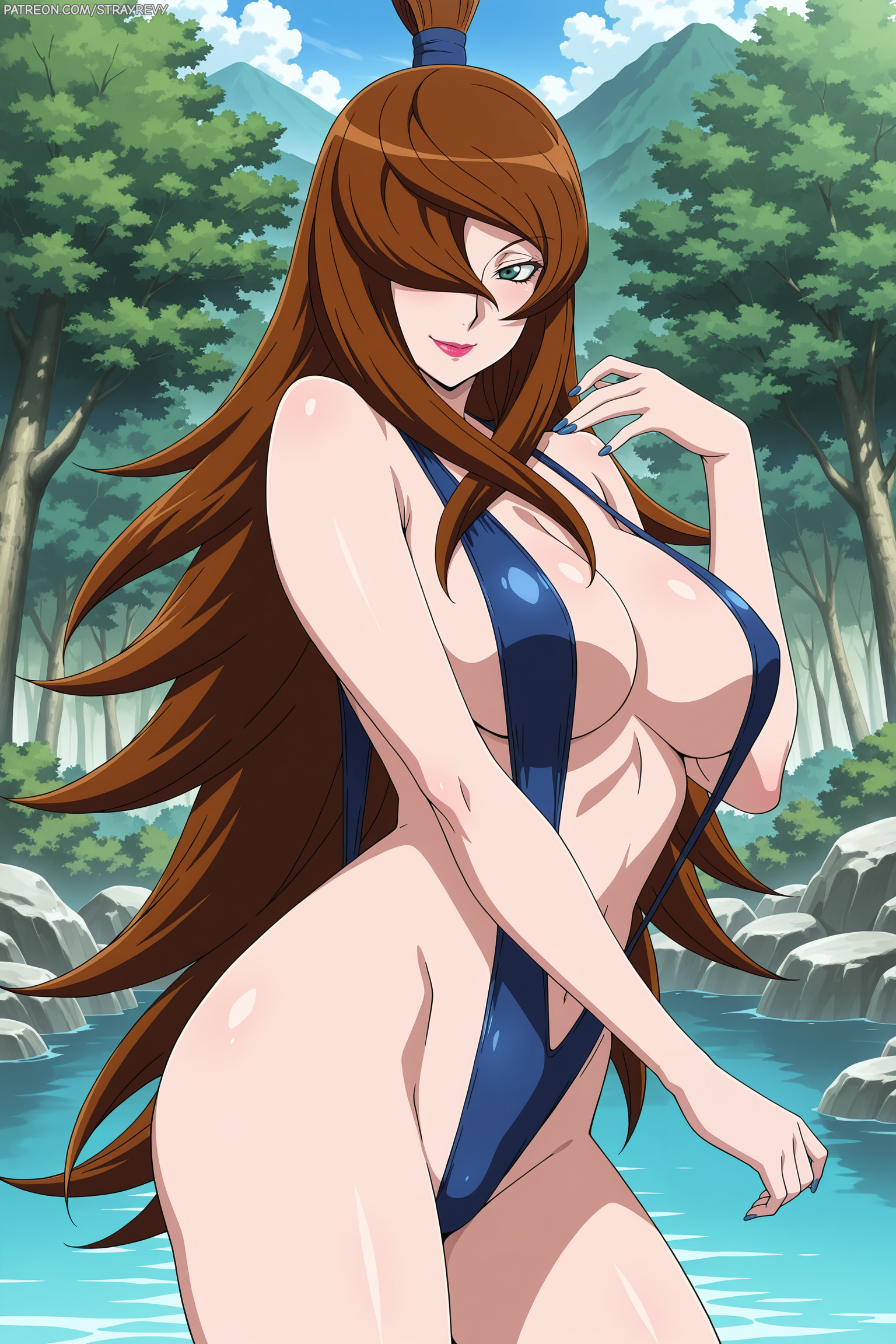 1girls, absurd res, absurdres, ai generated, bangs, bare hips, bare shoulders, bare thighs, big breasts, blue clothes, blue clothing, blue swimsuit, breasts, busty, child-bearing hips, cleavage, clothed, clothed female, clothing, earrings, female, female focus, female only, fit, fit female, ginger, ginger hair, green eyes, hair over one eye, hands on head, hands on own head, high resolution, highres, hips, large breasts, large filesize, light skin, light-skinned female, long hair, looking at viewer, mature, mature female, mei terumi, milf, naruto, naruto (series), naruto shippuden, navel, orange hair, outside, parted lips, sling bikini, slingshot bikini, slingshot swimsuit, solo, solo female, solo focus, stomach, strayrevy, sunshine, swimsuit, teeth, teeth showing, thick thighs, thighs, very high resolution, very long hair, wide hips