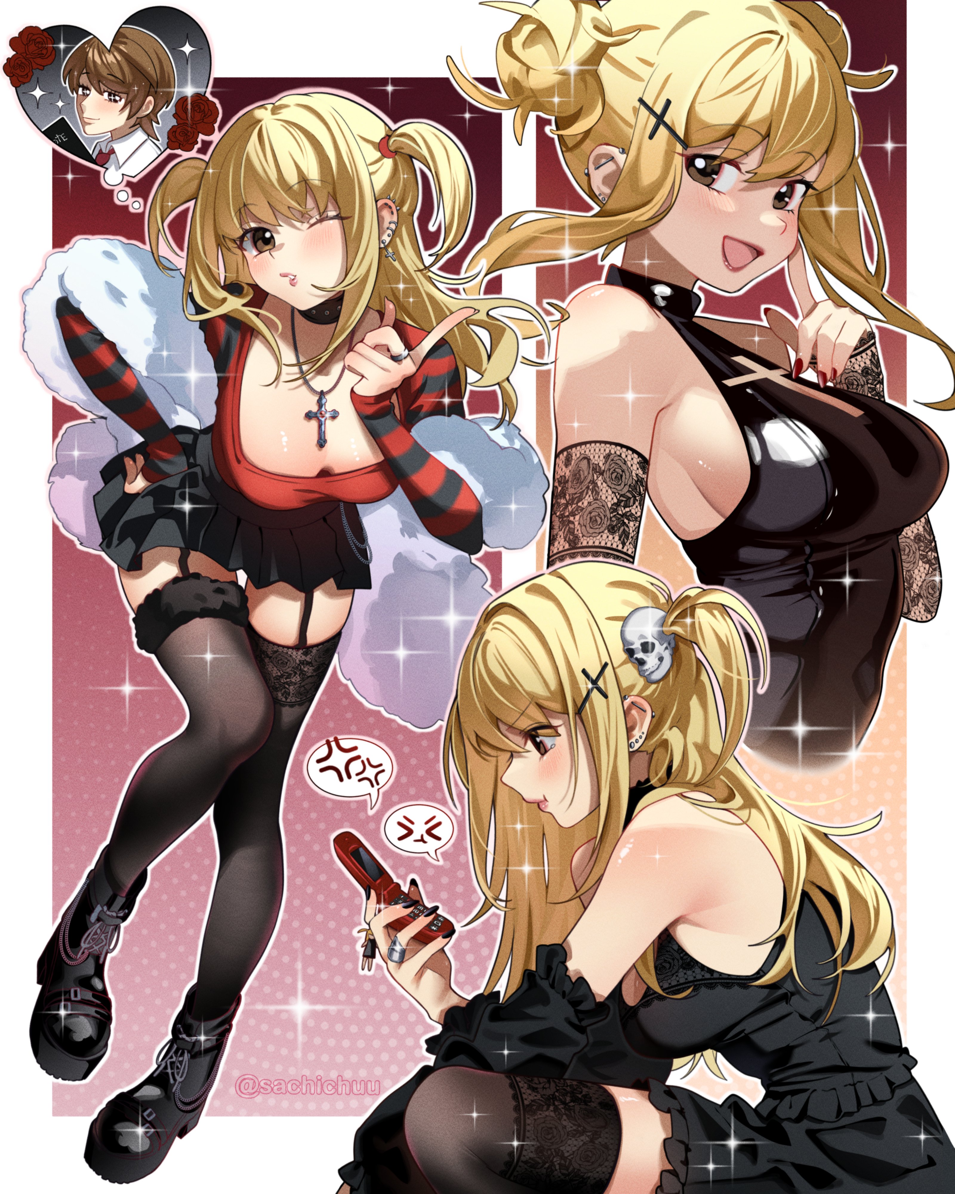 1girls, big breasts, blonde hair, breasts, brown eyes, cellphone, cross hair ornament, cross necklace, death note, ear piercing, female, large breasts, light yagami, long hair, miniskirt, misa amane, phone, sachichuu, skull hair ornament, solo, sparkles, twintails, wink, winking at viewer
