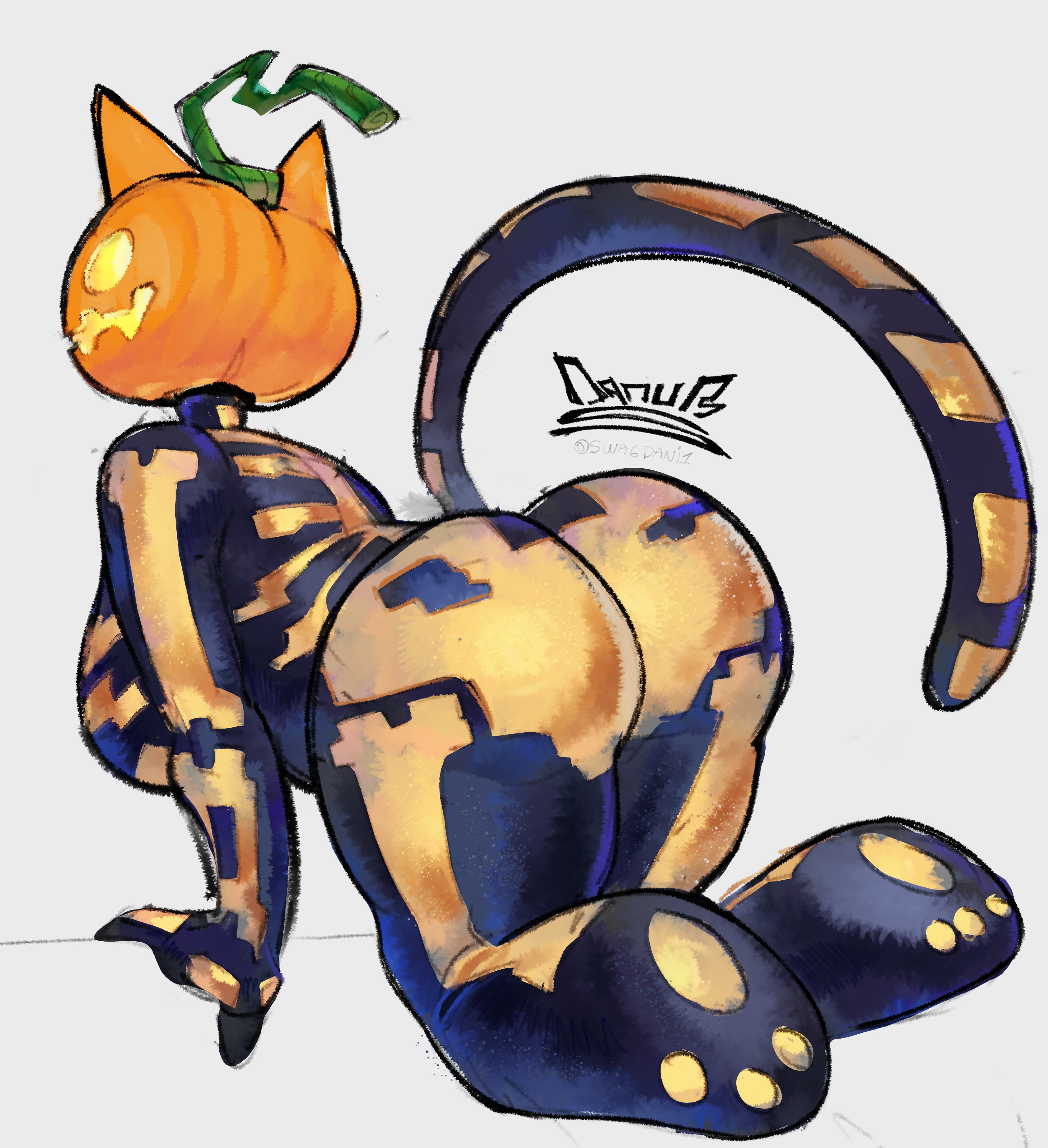 1girls, 2d, all fours, anthro, arched back, ass, ass focus, back view, big ass, breasts, cat ears, cat tail, color, curvy, epic games, feline, female, fortnite, fortnite: battle royale, furry, jack-o'-lantern, paws, presenting ass, pumpkin head, skeleton, skeleton costume, solo, solo female, spice (fortnite), swagdani1, tail, thick thighs, thighs