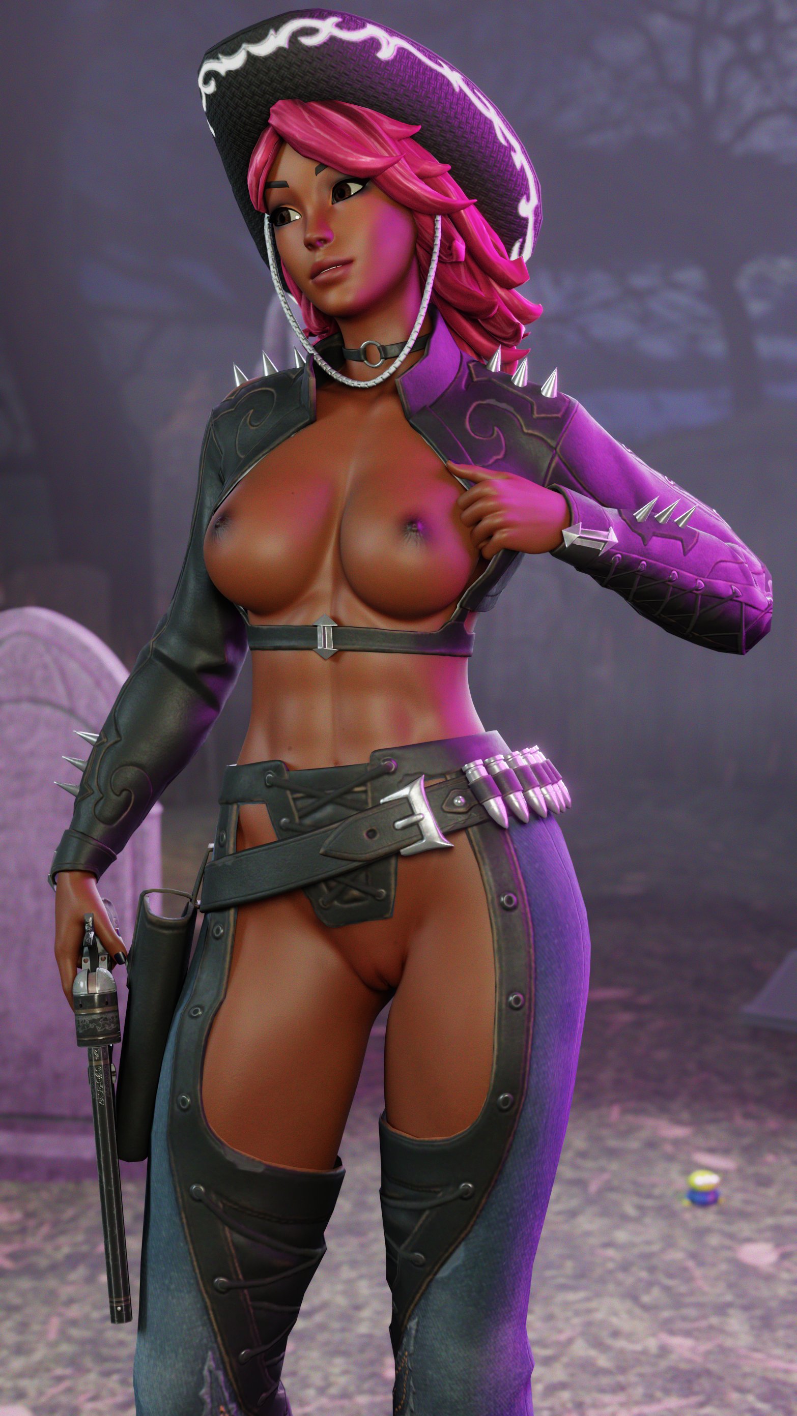 1girls, areolae, big breasts, breasts, breasts out, brown skin, calamity (fortnite), chaps, choker, cowboy, cowboy hat, curvy, epic games, exposed breasts, female, female focus, female only, fortnite, fortnite: battle royale, hazel eyes, magenta hair, nipples, nude, nude female, omen hunter calamity (fortnite), pose, pussy, revolver, solo female, thighs, thwipperfapper, vagina