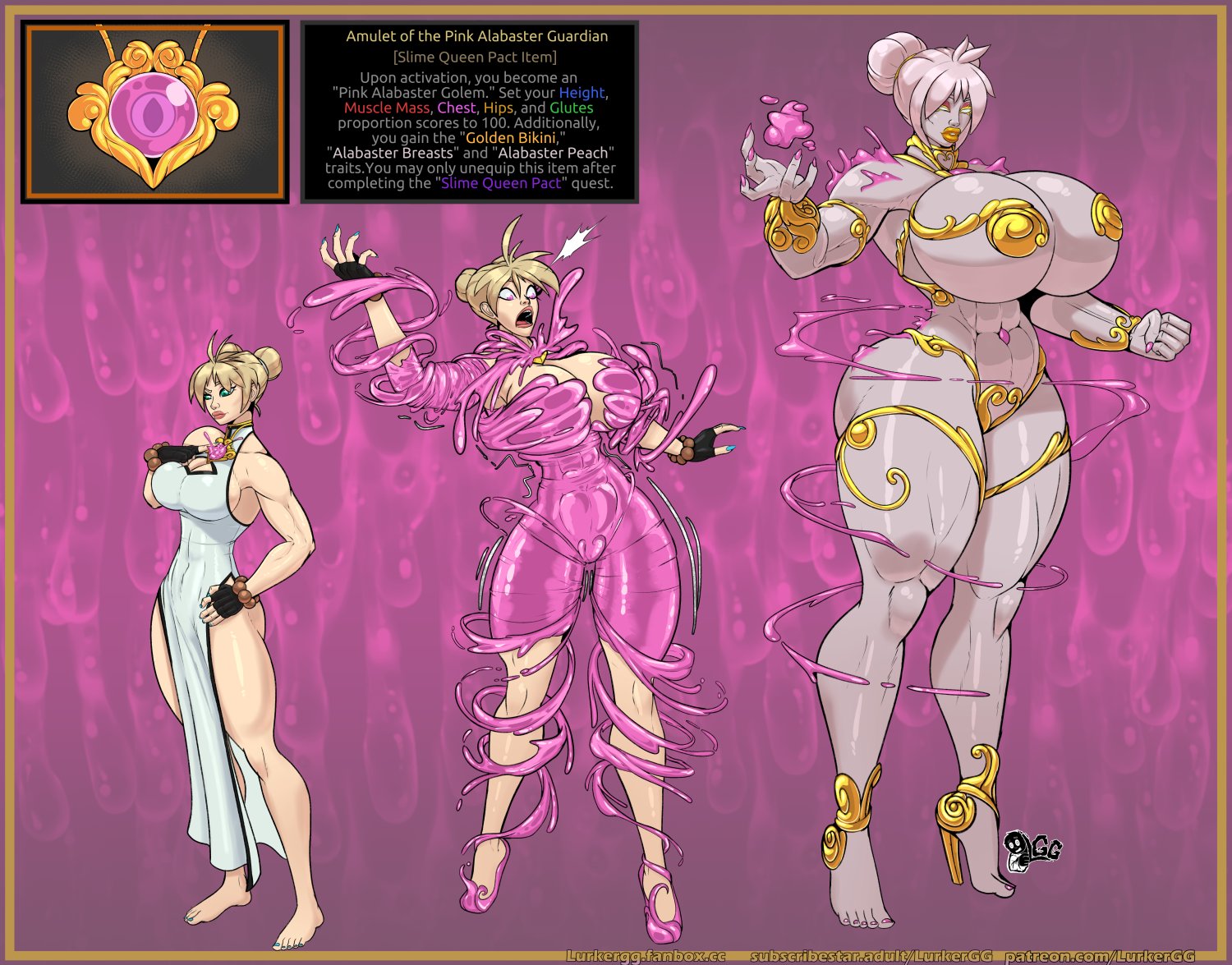 1girls, abs, bimbo, bimbofication, breasts, brown hair, english text, female, gigantic breasts, grey hair, high heels, huge ass, item description, jewelry, lips, lurkergg, muscular, muscular bimbo, muscular female, original, patreon url, pink background, revealing clothes, skimpy clothes, stats, subscribestar url, tall female, text, thick thighs, transformation, transformation sequence, url, white dress, wide hips