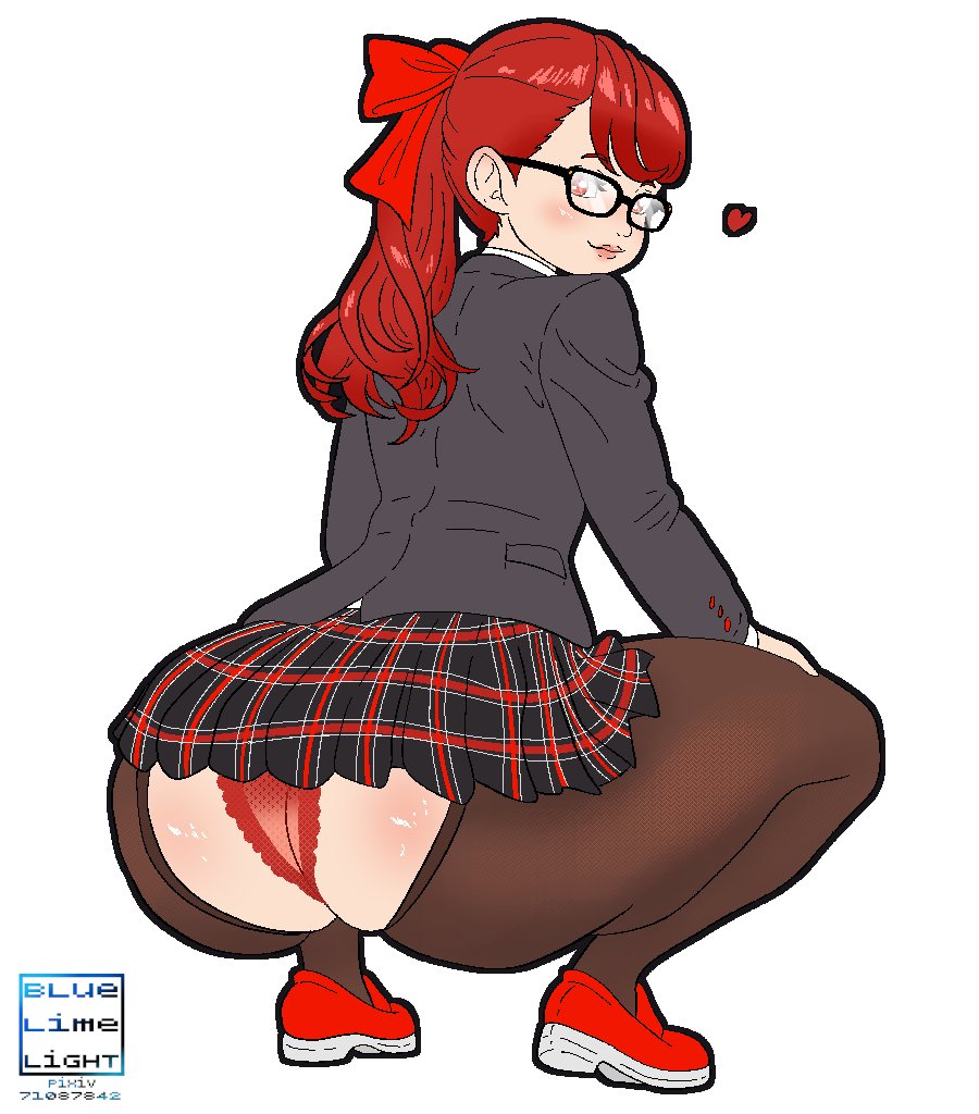 ass, bluelimelight, female, glasses, kasumi yoshizawa, panties, persona, persona 5, red panties, squatting, sumire yoshizawa, underwear