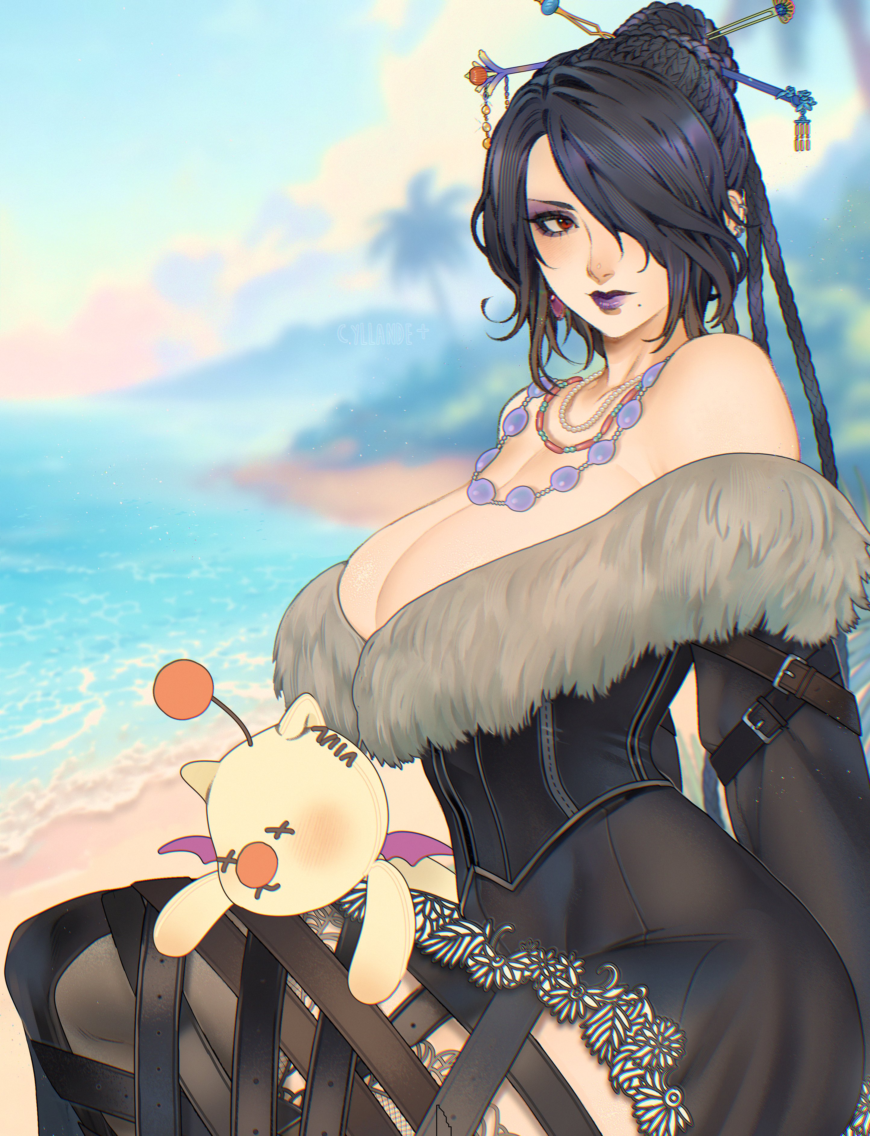 1girls, artist name, artist signature, bare shoulders, beach, big breasts, braid, breasts, cleavage, clothed female, eyeshadow, female, final fantasy, final fantasy x, hair bun, hair ornament, hair over one eye, hair stick, lipstick, lulu (final fantasy), makeup, mole, mole under mouth, multiple braids, plushie, solo, yiiande