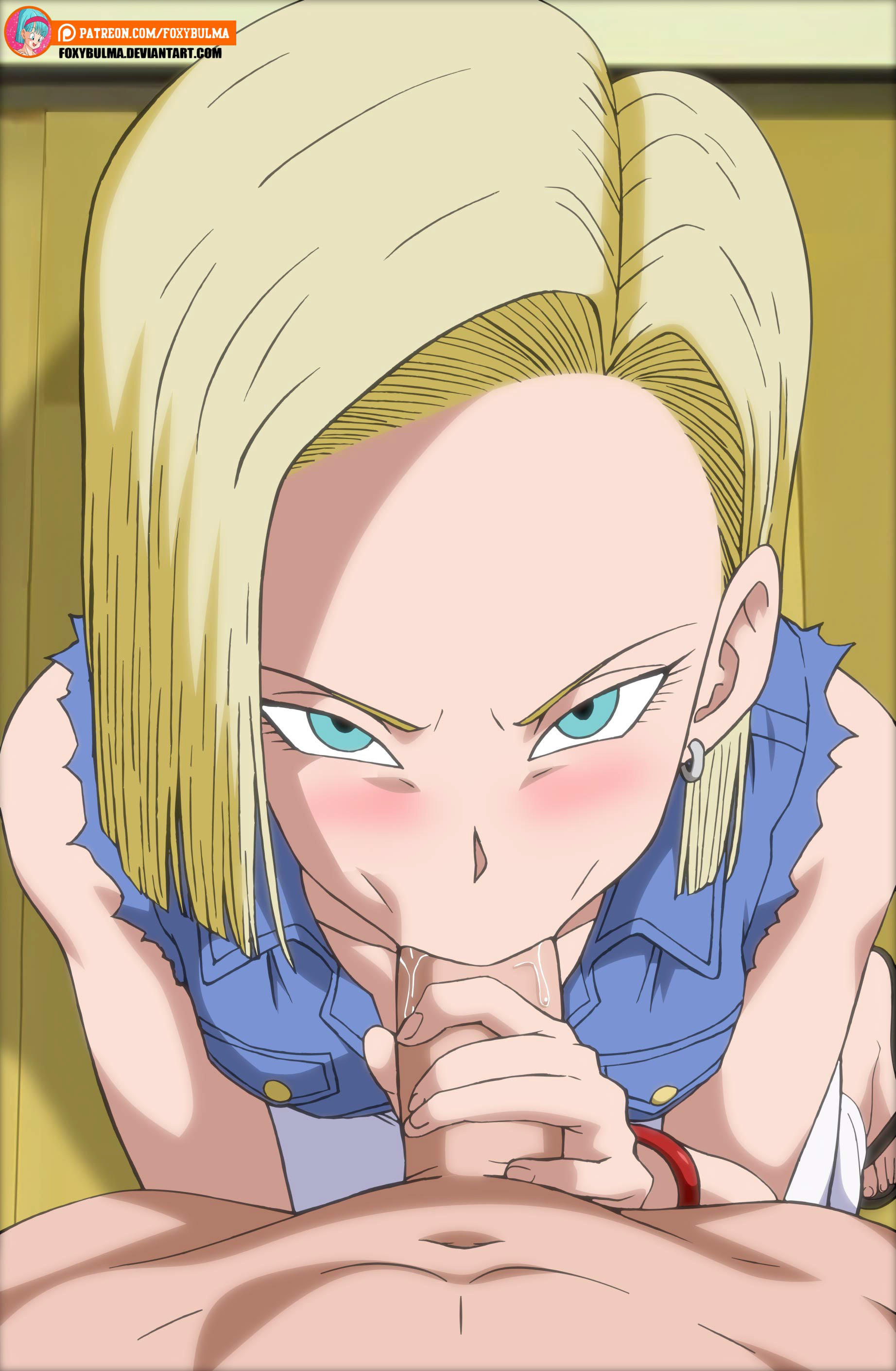 1boy, 1girls, android 18, blowjob, cheating wife, clothed, clothed sex, dragon ball, dragon ball super, fellatio, female, foxybulma, handjob, handjob while sucking, male, male pov, oral, oral sex