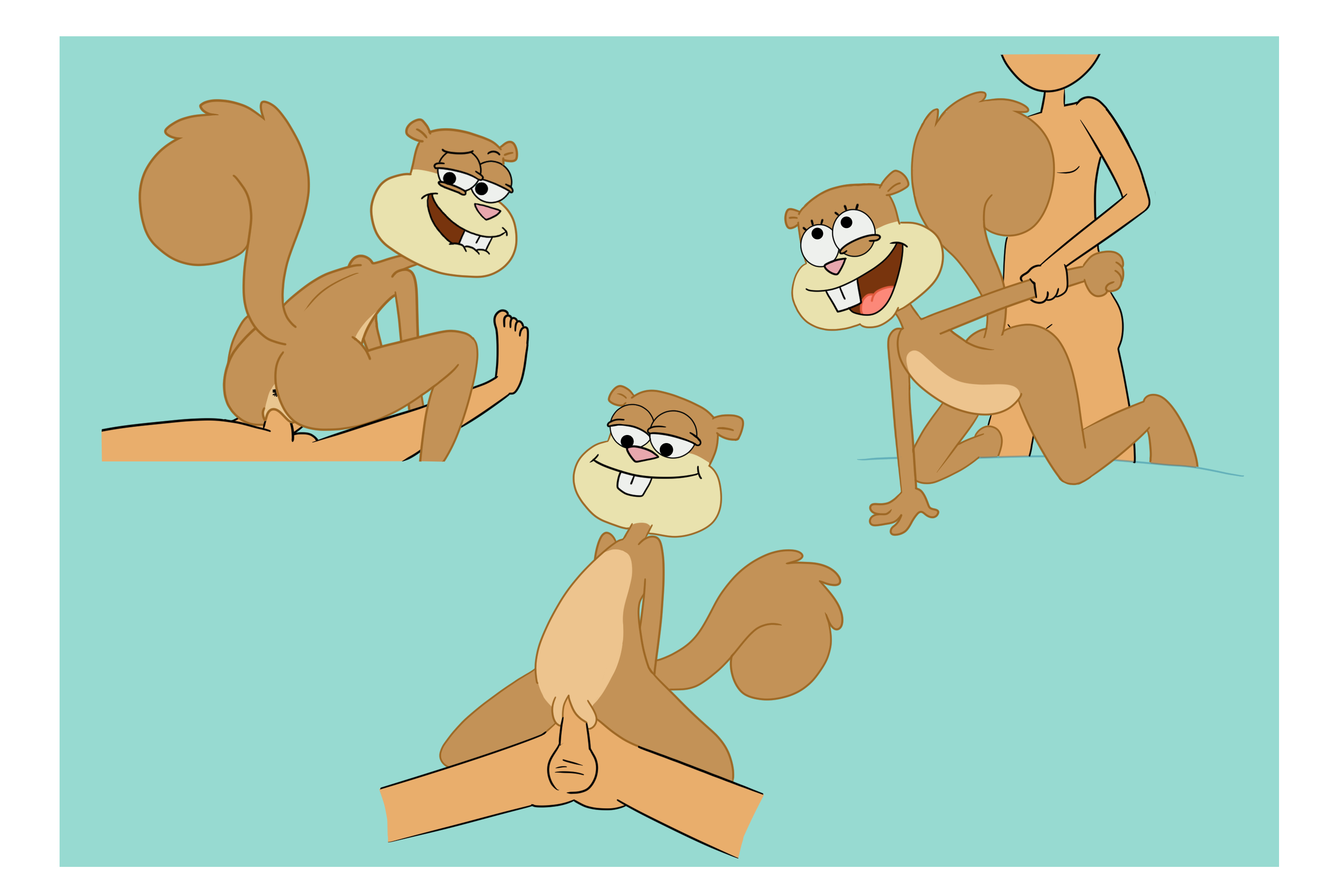 1boy, 3:2 aspect ratio, aged down, all fours, anthro, anthro penetrated, anus, arm support, ass, back, bare ass, bare back, barefoot, biting, biting lip, brown body, brown fur, buckteeth, doggy style, duo, excited, feet, female, flat chest, fur, furry, furry with non-furry, highres, humanoid, impstripe, interspecies, legs, looking back, looking down, looking up, male, male human/female furry, male on furry, mammal, nickelodeon, nude, penetration, penis, pussy, rodent, sandy cheeks, sciurid, sex, size difference, spongebob squarepants, squirrel, straight, tail, taken from behind, tomboy, tree squirrel, unseen male face, young, young female, zoophilia
