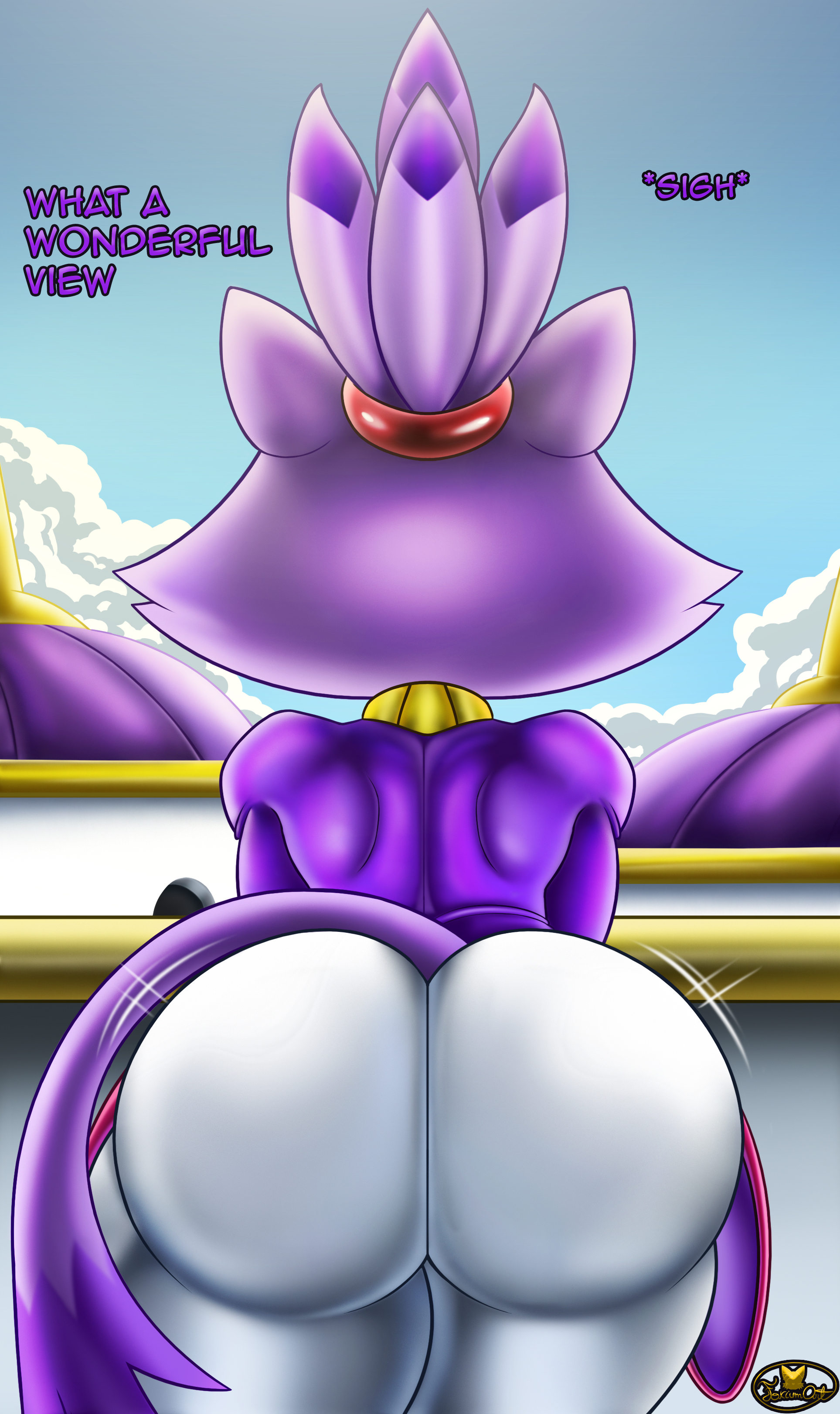 1girls, animal ears, anthro, ass, ass focus, back, back view, big ass, blaze the cat, bottomwear, bubble ass, bubble butt, cat ears, cat tail, clothing, dat ass, english, english text, feline, female, female only, foxiumart, huge ass, looking away, motion lines, onomatopoeia, pants, purple body, purple skin, sega, solo, solo female, sonic (series), sonic the hedgehog (series), tail, text, thighs, white pants