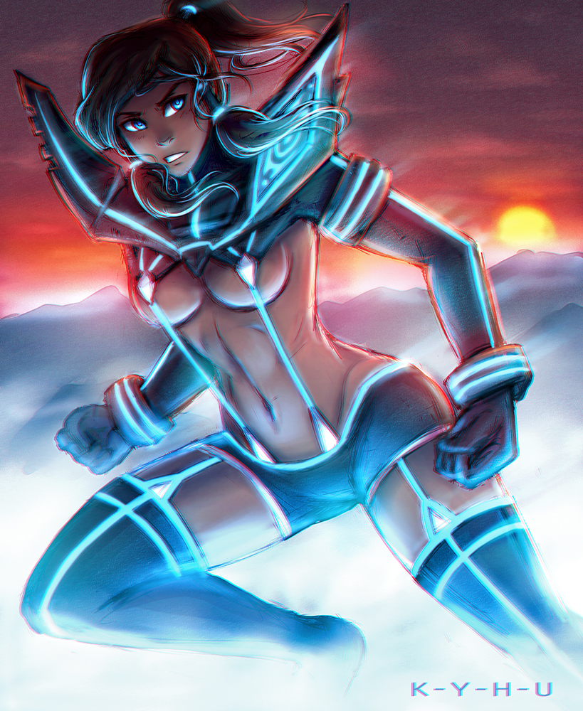 1girls artist_name avatar_legends blue_eyes clothing cosplay crossover dark-skinned_female dark_skin female female_only garter_straps gloves hourglass_figure human k-y-h-u kill_la_kill korra matoi_ryuuko matoi_ryuuko_(cosplay) medium_breasts midriff navel ponytail raava senketsu solo spirit_(avatar) suspenders the_avatar the_legend_of_korra thighhighs tied_hair underboob water_tribe